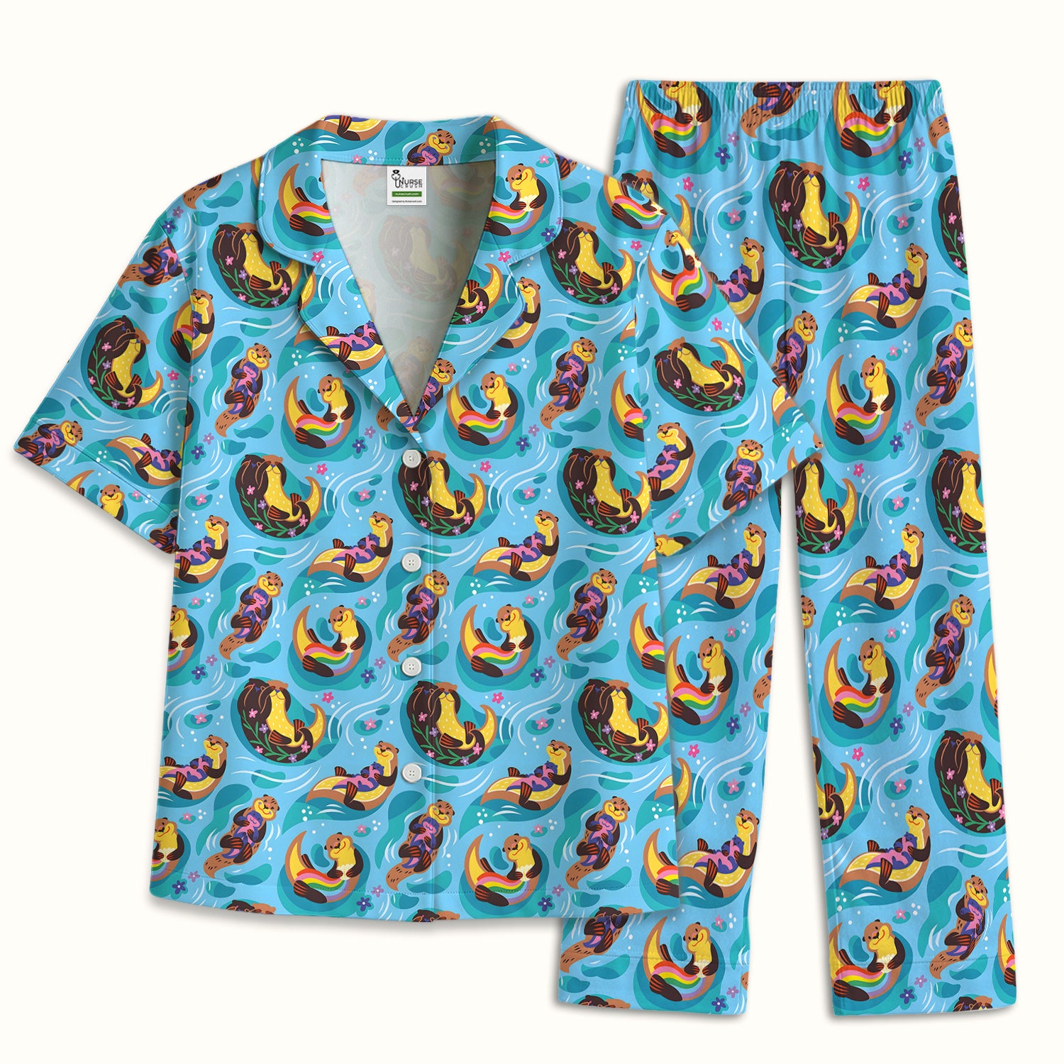 Otter Floating River Rainbow Pattern Pajama Set, Soft Breathable Fabric Comfortable Sleepwear