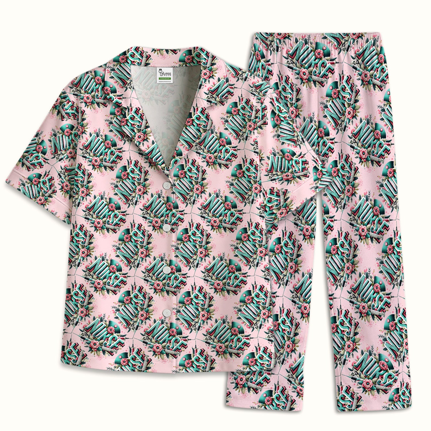 Cute Nurse Typography Floral Medical Pattern Pajama Set, Soft Breathable Fabric Comfortable Sleepwear