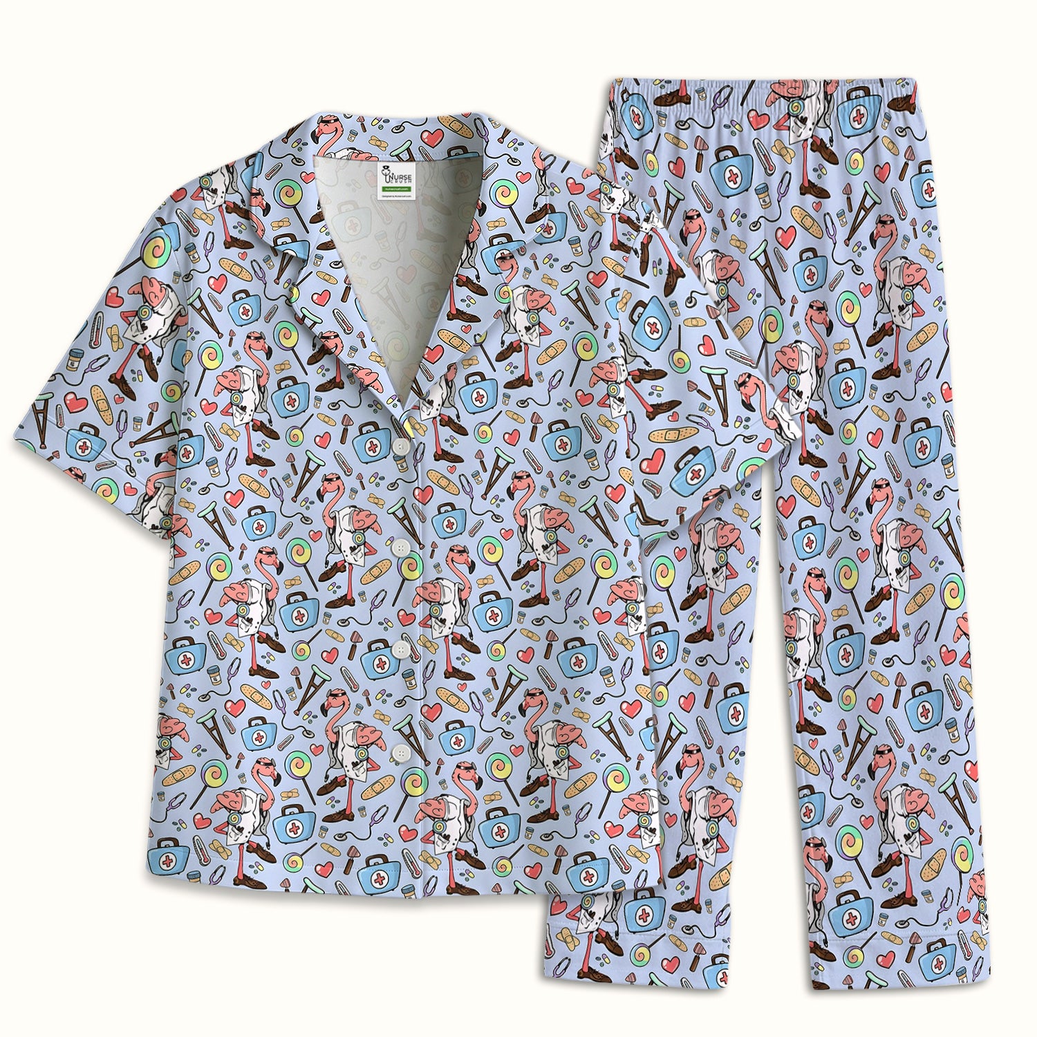 Flamingo Nurse Medical Care Pattern Pajama Set, Breathable Fabrics Uniform