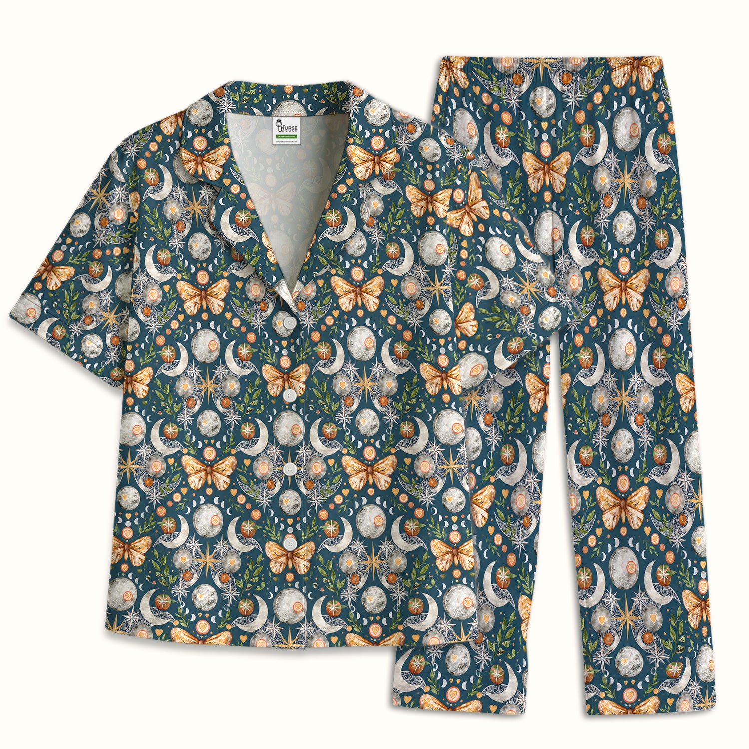 Celestial Butterfly Moonlight Pattern Pajama Set, Soft Breathable Fabric Comfortable Sleepwear