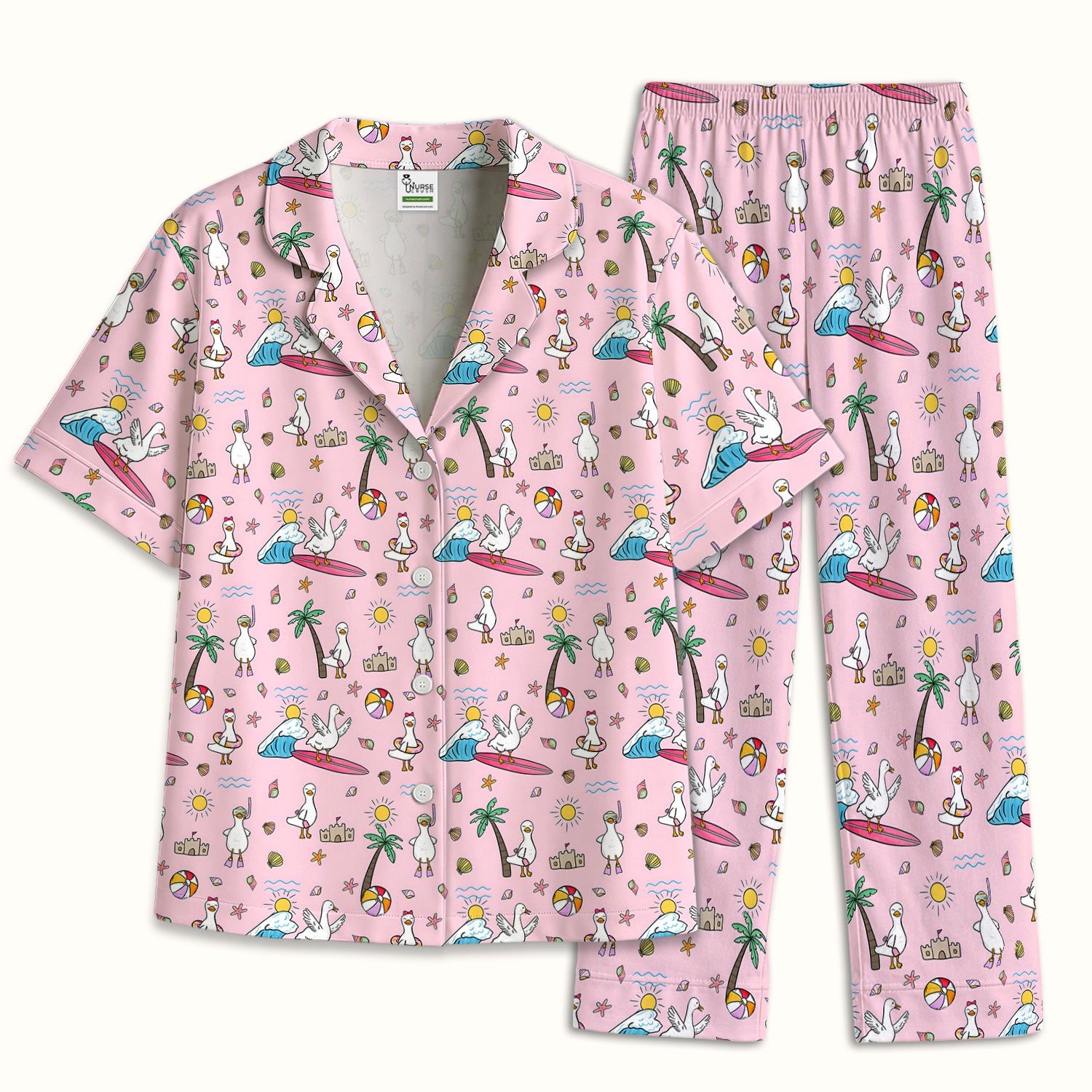 Cute Nurse Seagull Surfboard Beach Palm Tree Pattern Pajama Set, Soft Breathable Fabric Comfortable Sleepwear