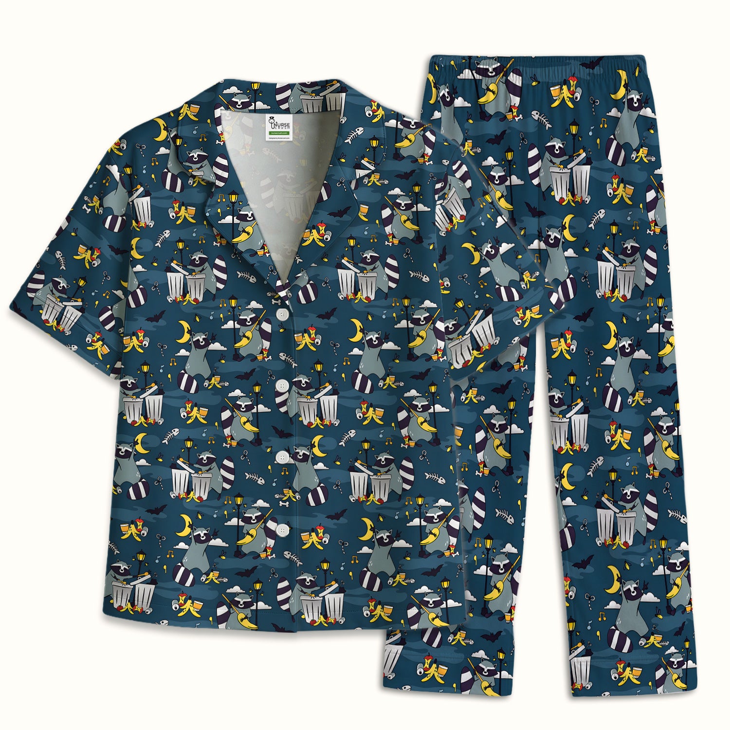 Raccoon Night Trash And Banana Peel Pattern Pajama Set, Breathable Fabrics Uniform