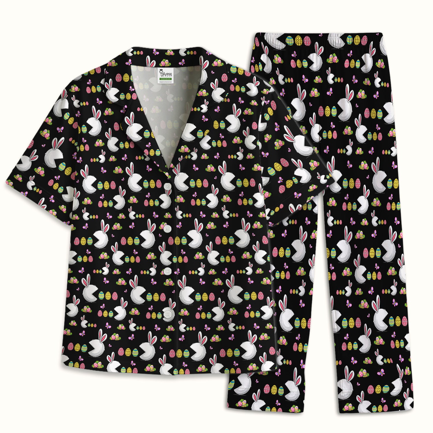 Easter Bunny and Colorful Eggs Print  Pajama Set, Breathable Fabrics Uniform