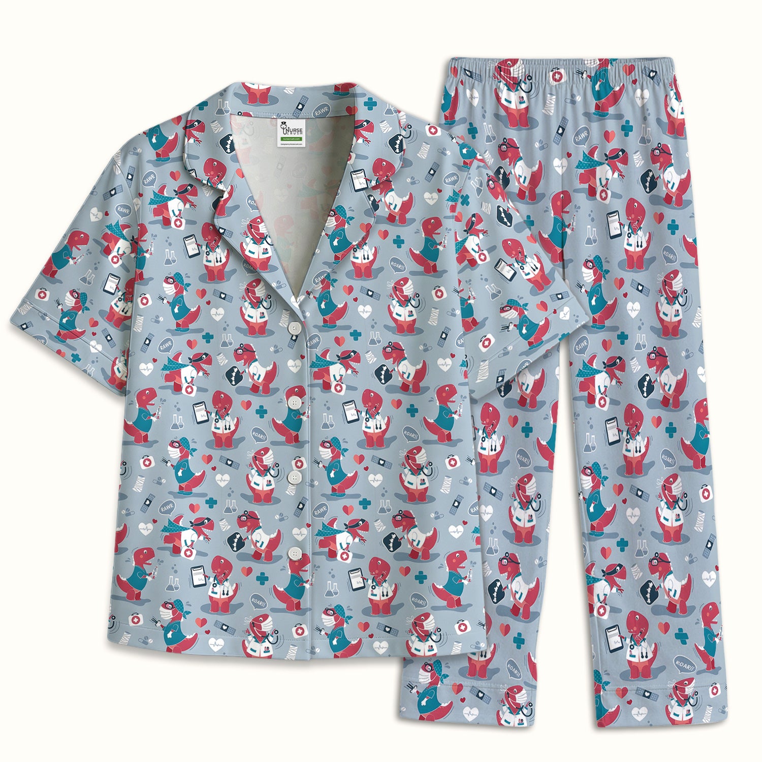 Cute Dinosaur Doctor Medical Pattern Pajama Set, Breathable Fabrics Uniform