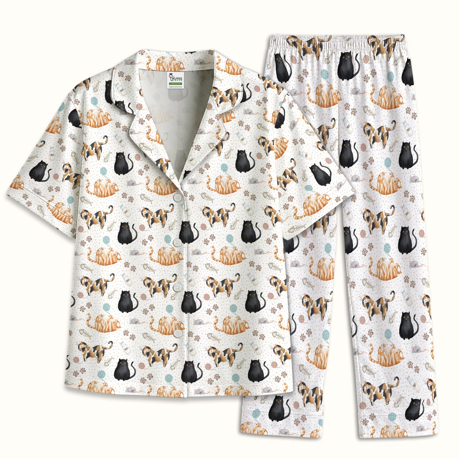 Cute Cat Yarn Paw Pattern Pajama Set, Soft Breathable Fabric Comfortable Sleepwear