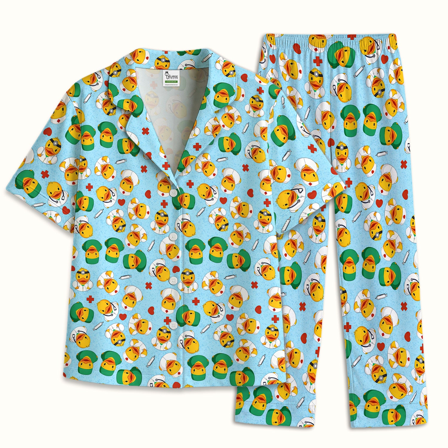 Duck Doctor Cartoon Pattern Pajama Set, Breathable Fabrics Uniform