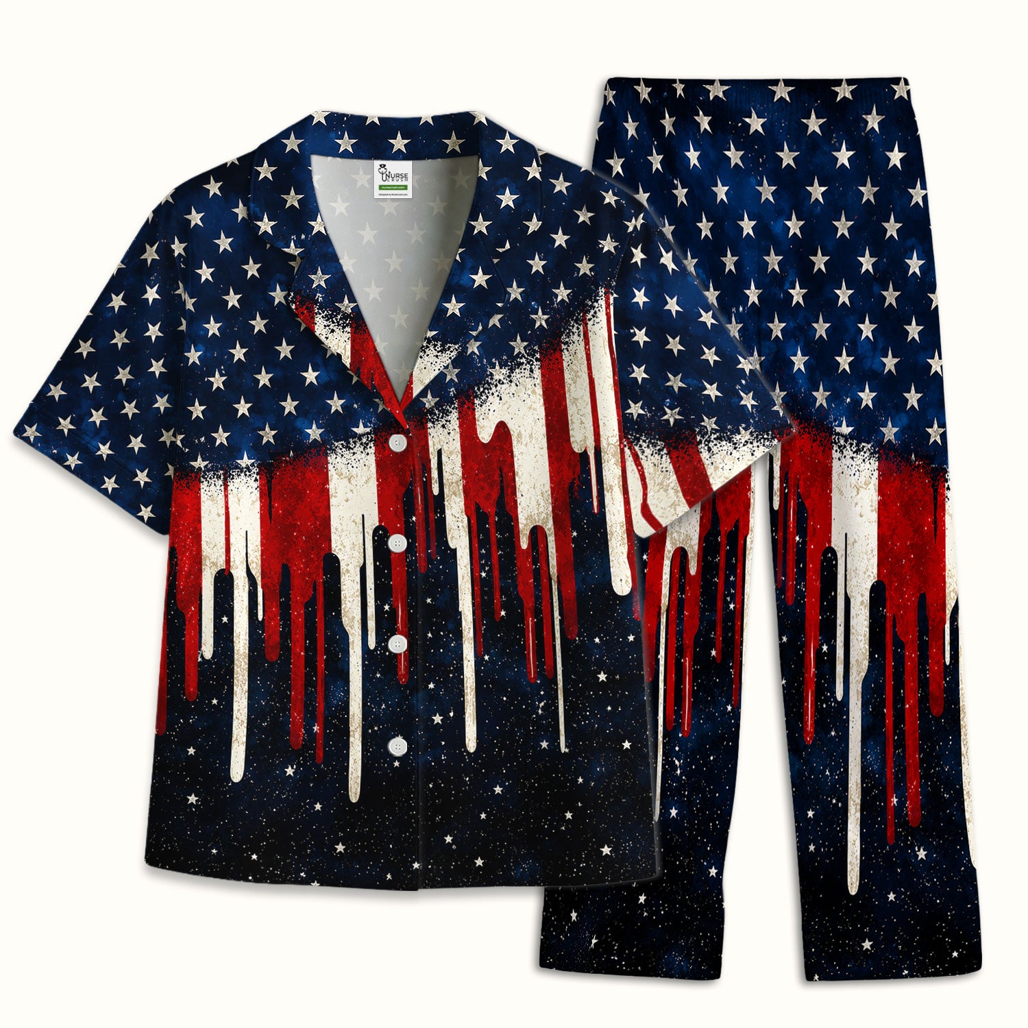 Festive Patriotic Dripping Flag Pattern Pajama Set, Soft Breathable Fabric Comfortable Sleepwear