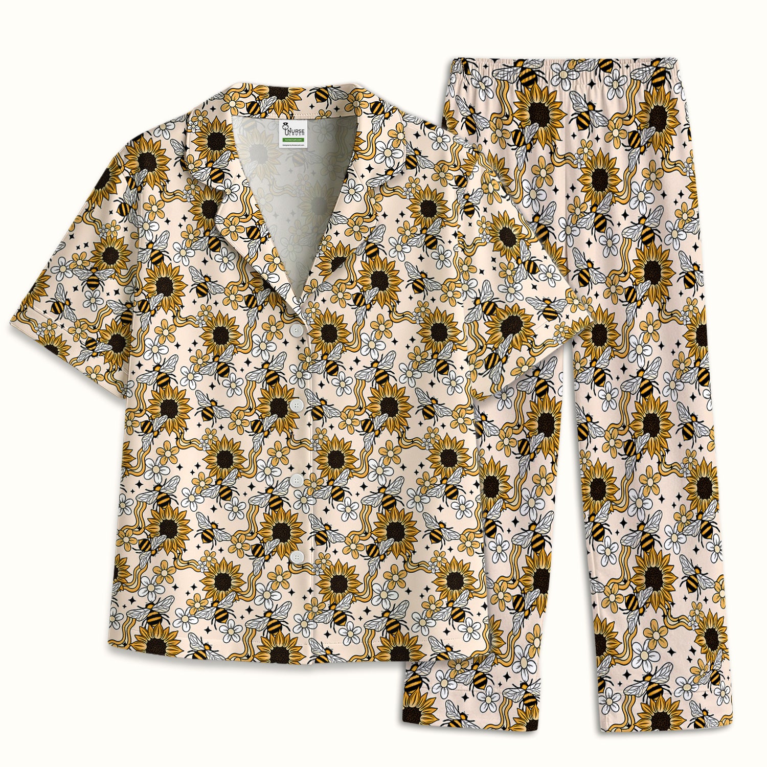 Sunflower And Honey Bee Floral Pajama Set, Breathable Fabrics Uniform