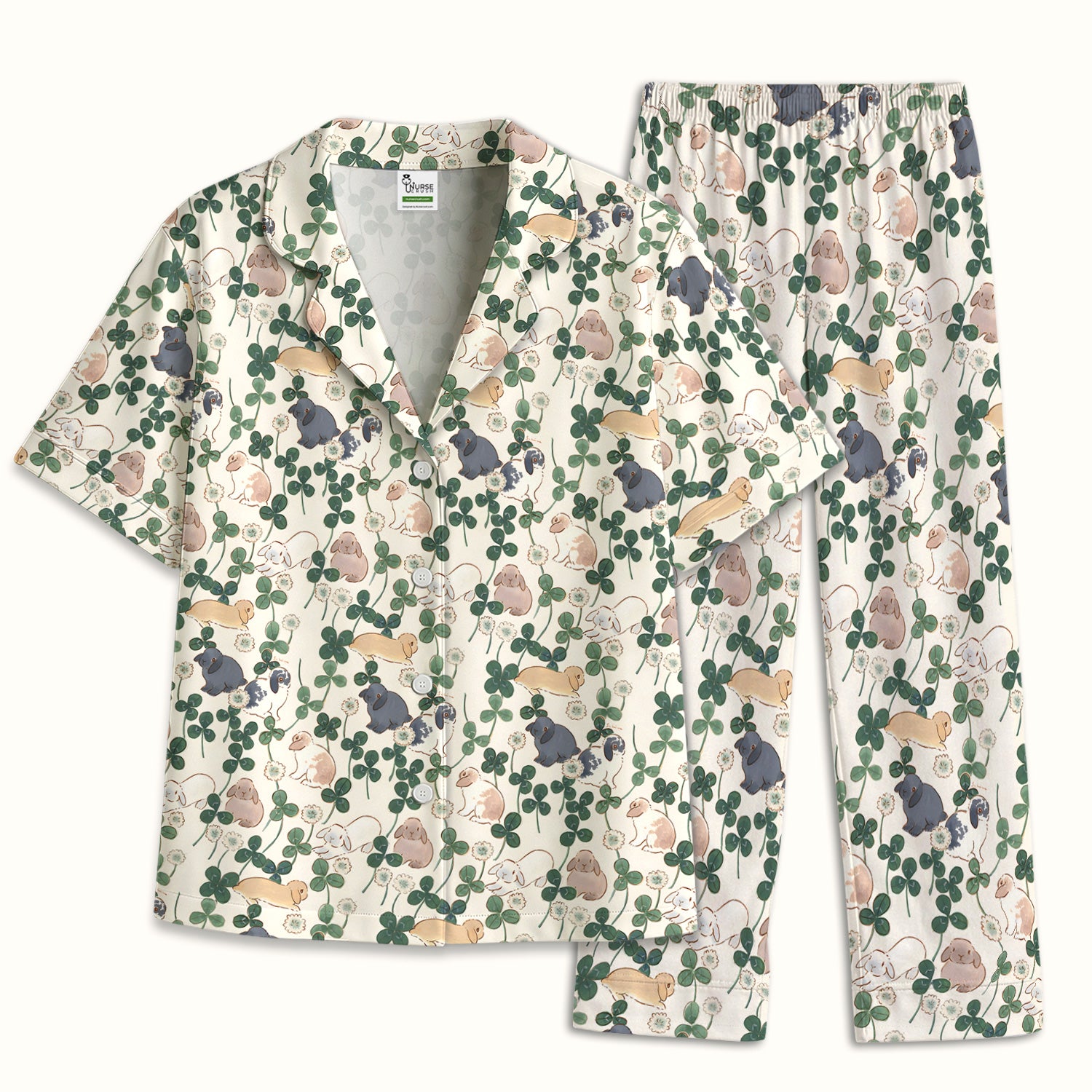 Cute Bunny Clover Garden Meadow Pattern Nurse Pajama Set, Soft Breathable Fabric Comfortable Sleepwear