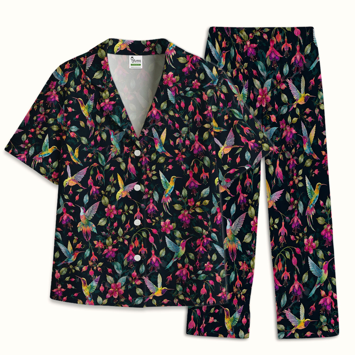 Hummingbird Fuchsia Bloom Pattern Pajama Set, Soft Breathable Fabric Comfortable Sleepwear