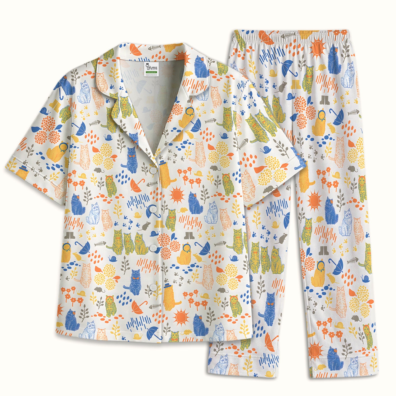Cozy Rainy Day Cat Lover Nature Nurse Pattern Pajama Set, Soft Breathable Fabric Comfortable Sleepwear