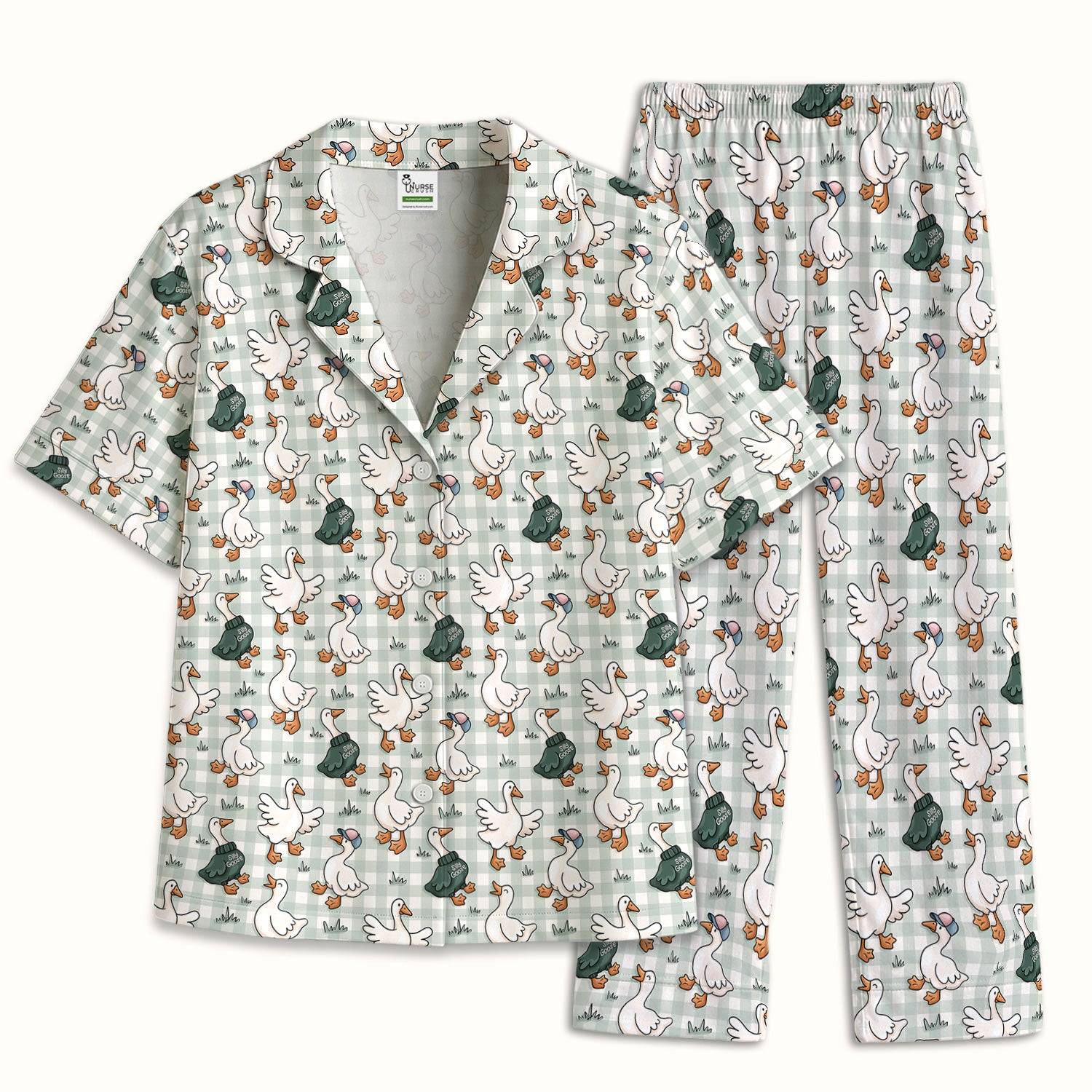 Funny Goose Wearing Sweater On Plaid Background Pattern Pajama Set, Soft Breathable Fabric Comfortable Sleepwear