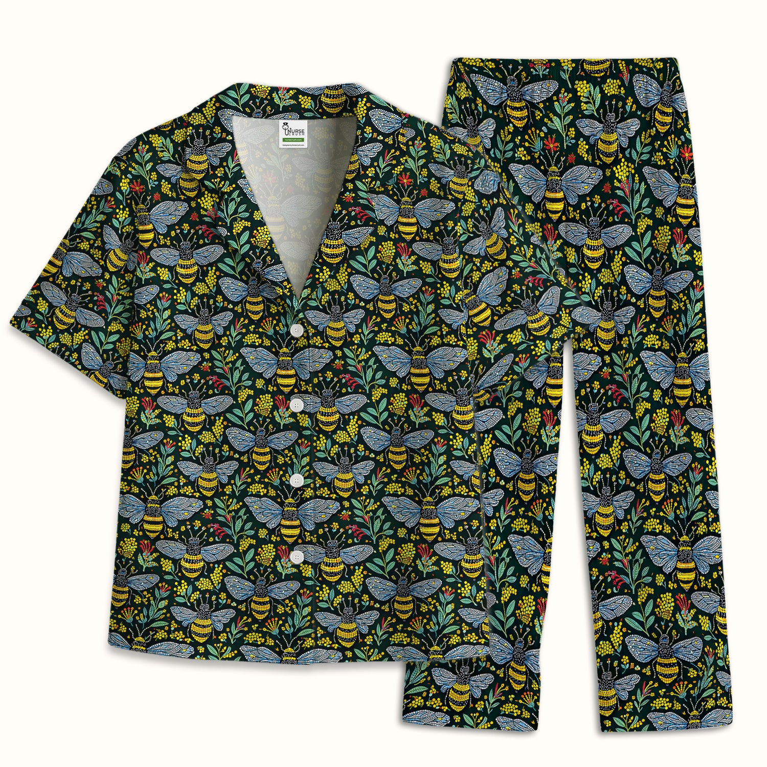 Honey Bee And Wildflower Garden Pattern Pajama Set, Breathable Fabrics Uniform