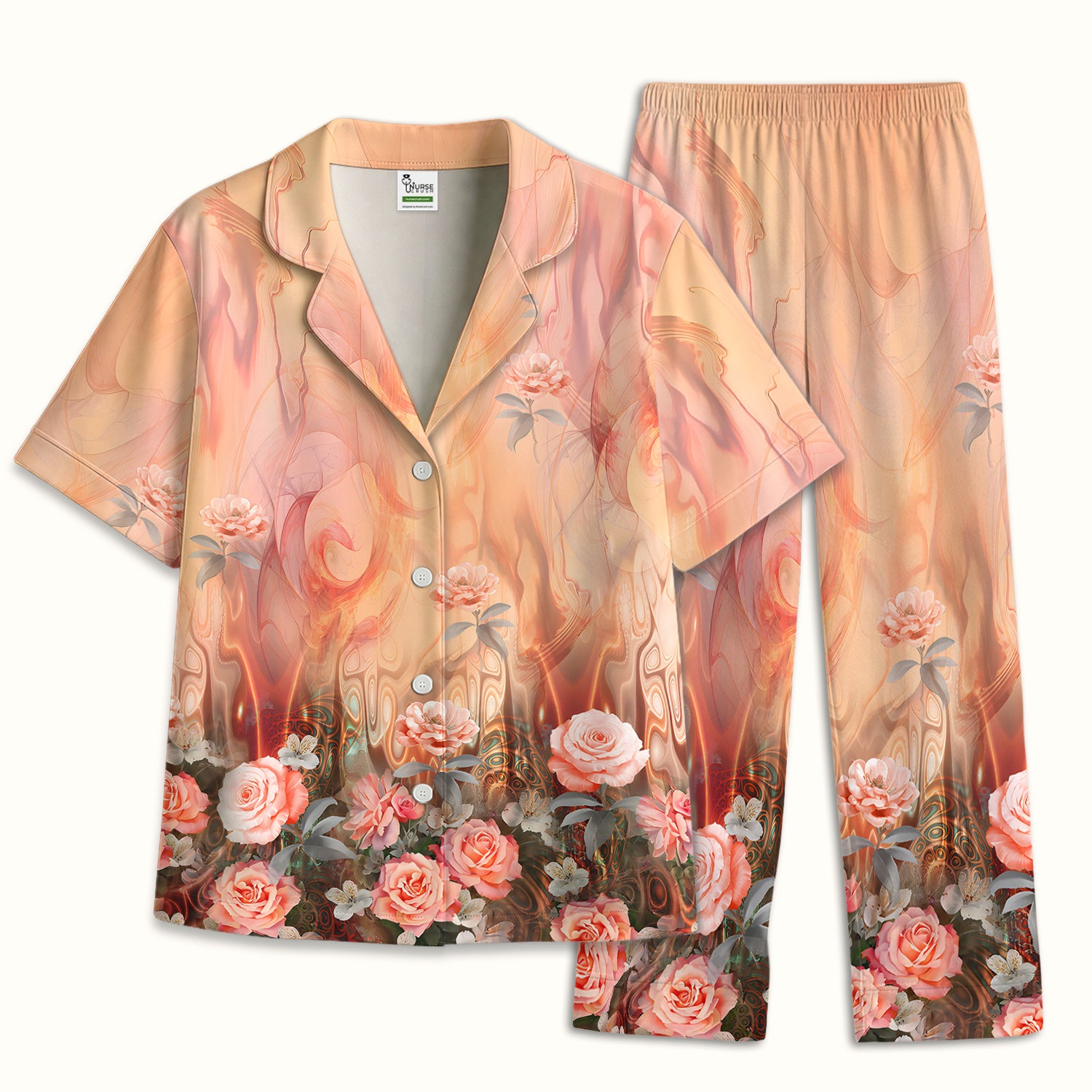 Elegant Peach Marble Rose Pattern Pajama Set, Soft Breathable Fabric Comfortable Sleepwear