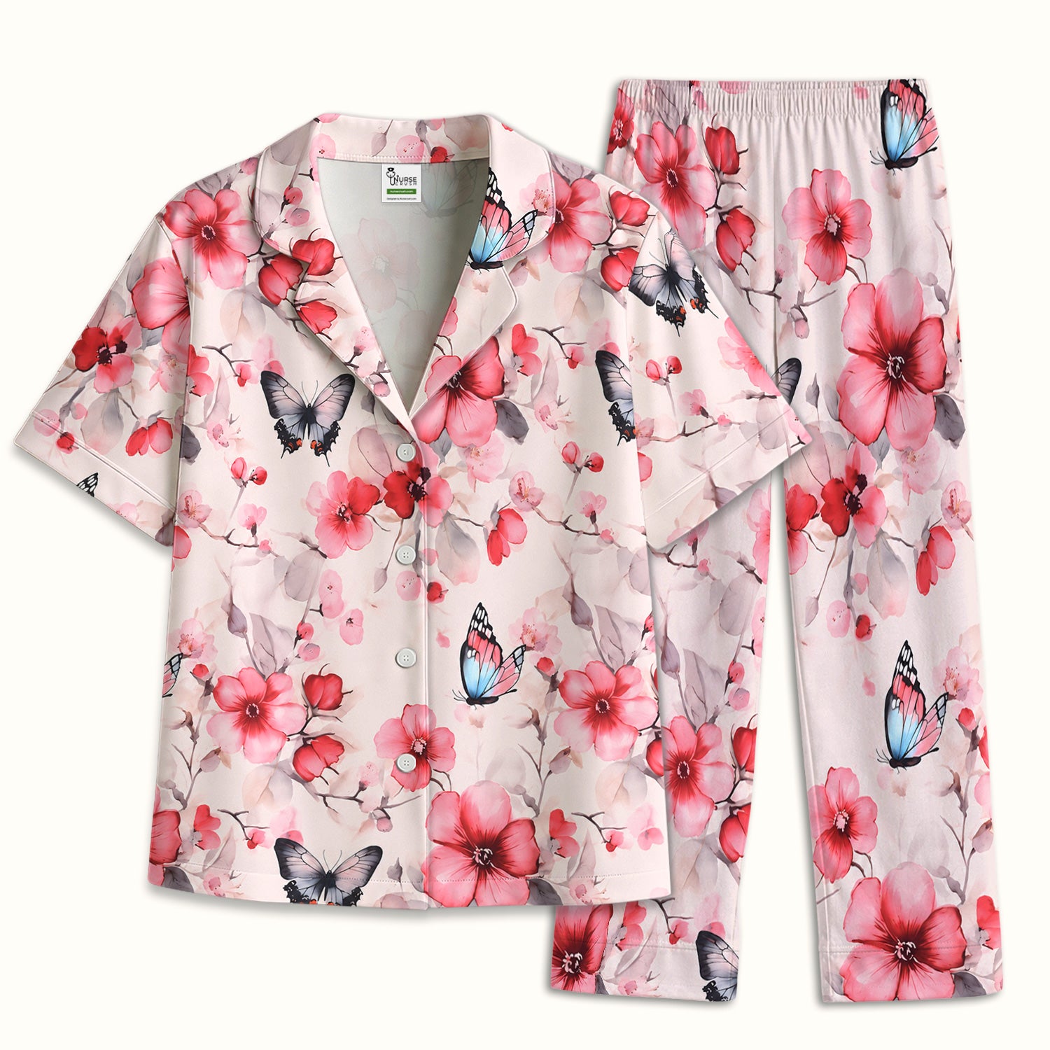 Pink Butterfly Blossom Pattern Pajama Set, Soft Breathable Fabric Comfortable Sleepwear