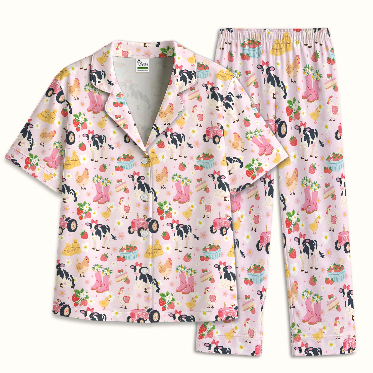 Cute Farm Animals & Strawberry Garden Pattern Pajama Set, Soft Breathable Fabric Comfortable Sleepwear