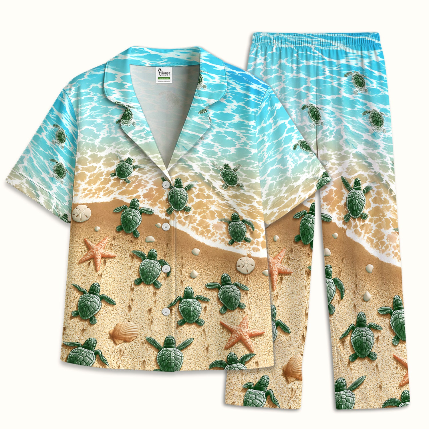 Coastal Sea Turtle Beach Pattern Pajama Set, Soft Breathable Fabric Comfortable Sleepwear