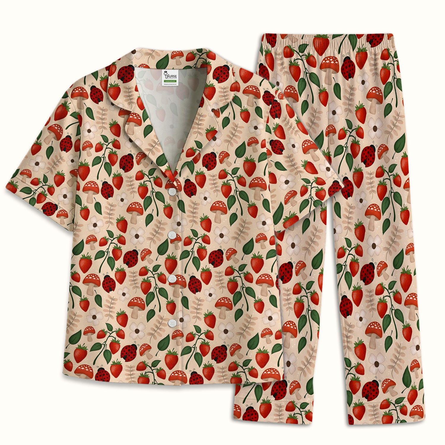 Strawberry Ladybug Mushroom Floral Pajama Set, Breathable Fabrics Uniform