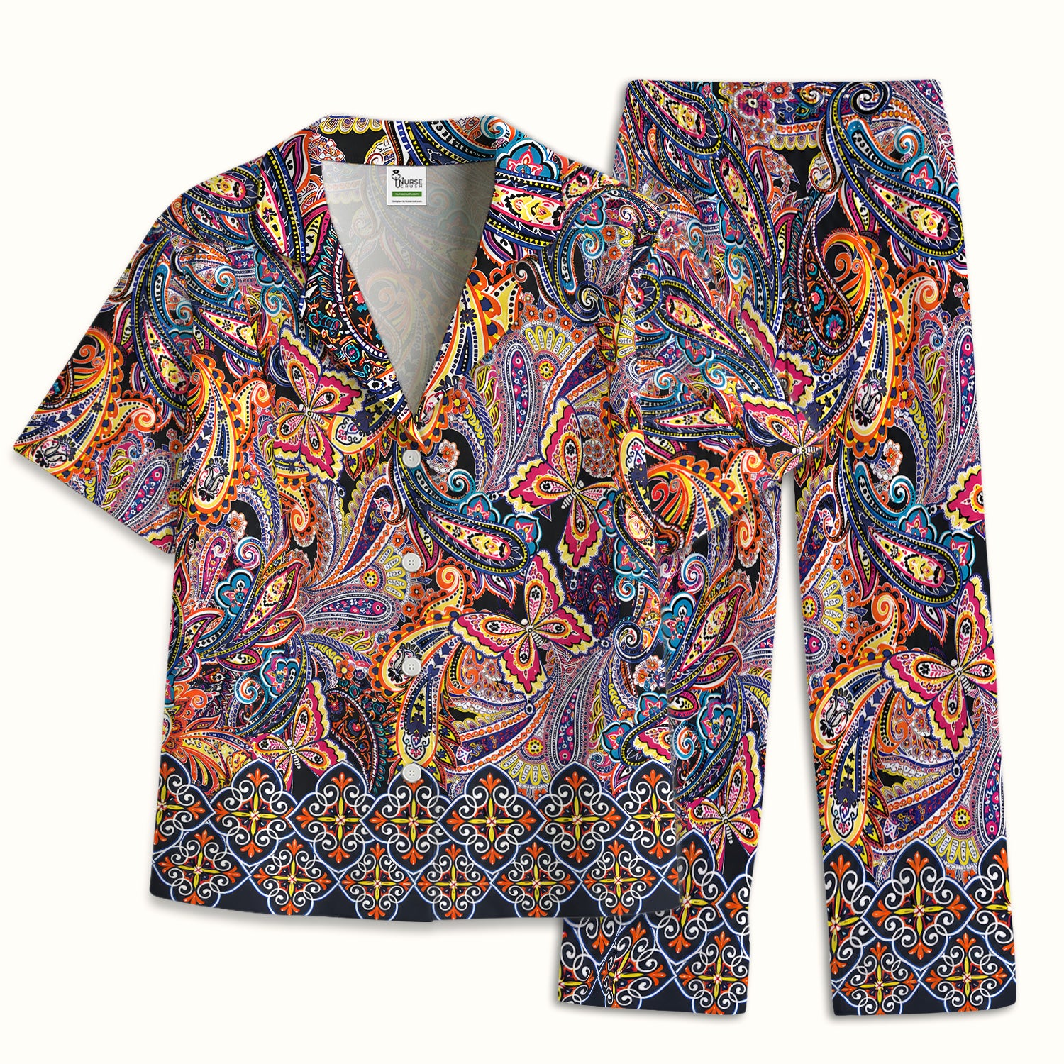 Colorful Bohemian Paisley Floral Pattern Pajama Set, Soft Breathable Fabric Comfortable Sleepwear