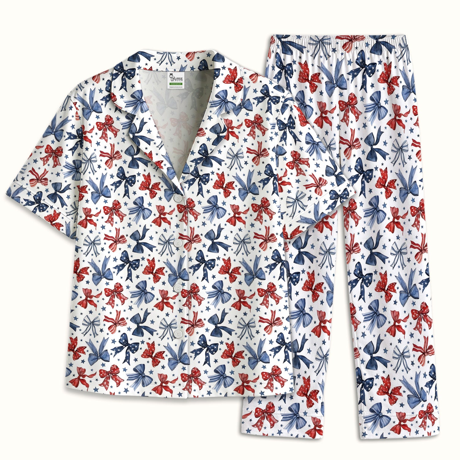 Patriotic Red Blue Ribbon Pattern Pajama Set, Soft Breathable Fabric Comfortable Sleepwear