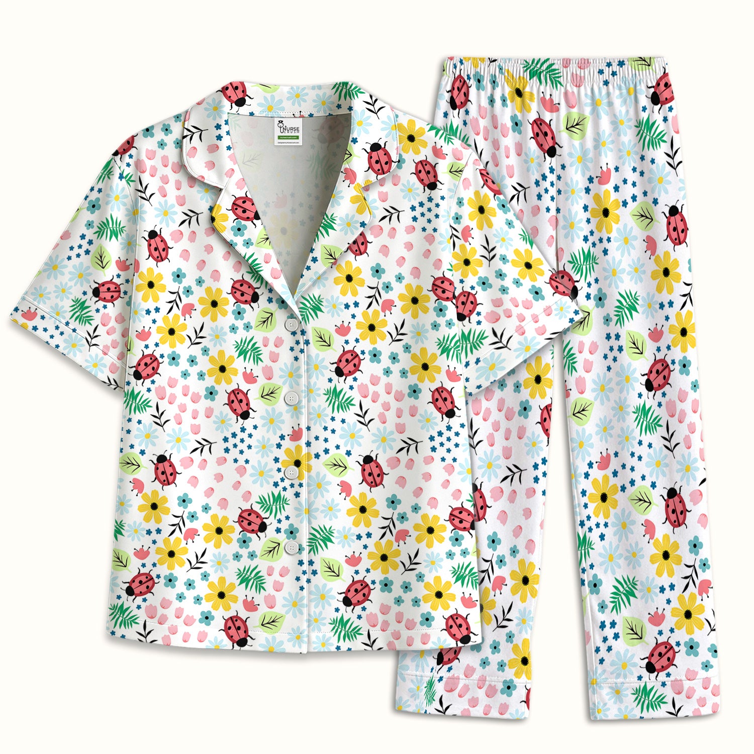 Cute Ladybug Floral Garden Print Pajama Set, Soft Breathable Fabric Comfortable Sleepwear