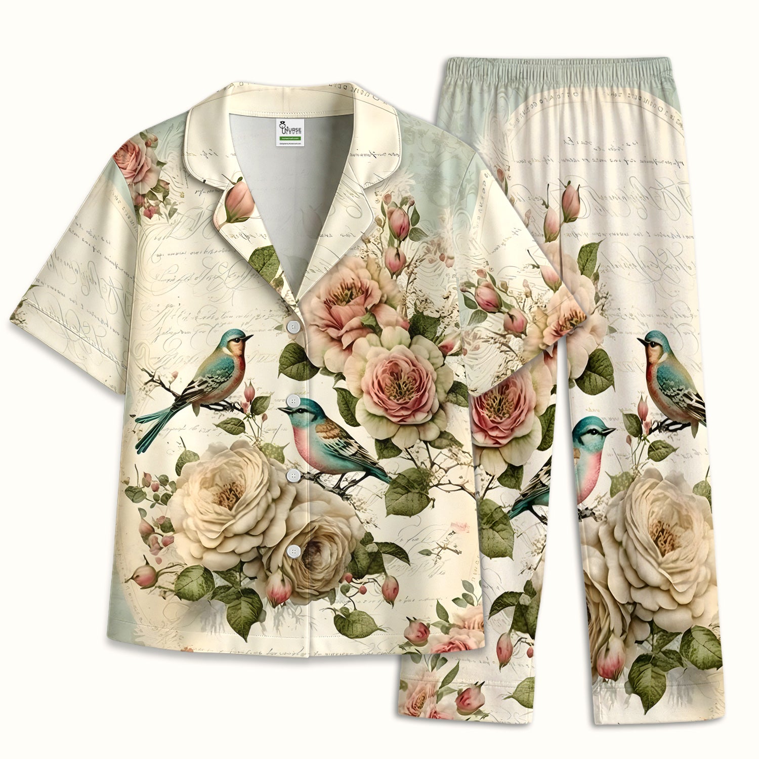 Vintage Birds Rose Pattern Pajama Set, Soft Breathable Fabric Comfortable Sleepwear