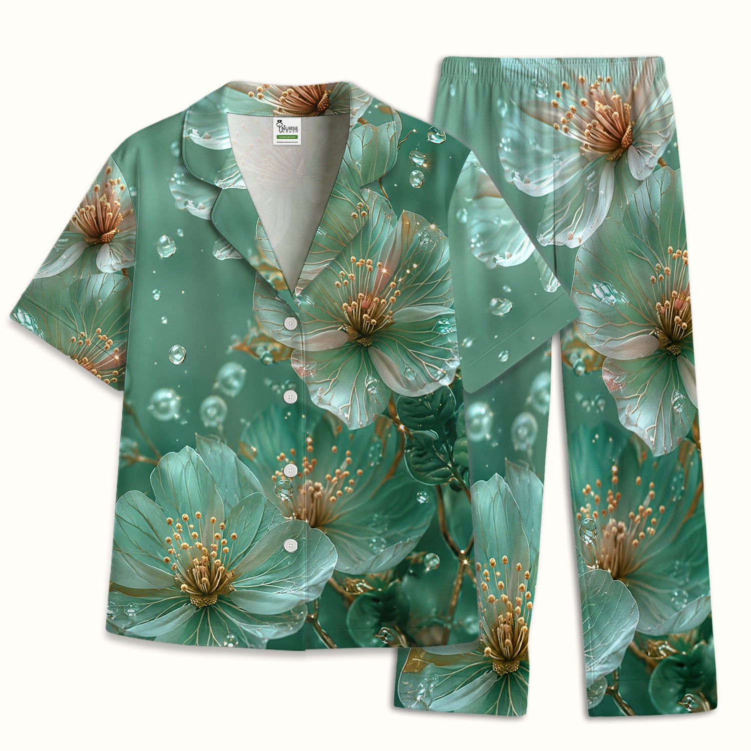 Elegant Mint Blossom Dewdrop Pattern Pajama Set, Soft Breathable Fabric Comfortable Sleepwear