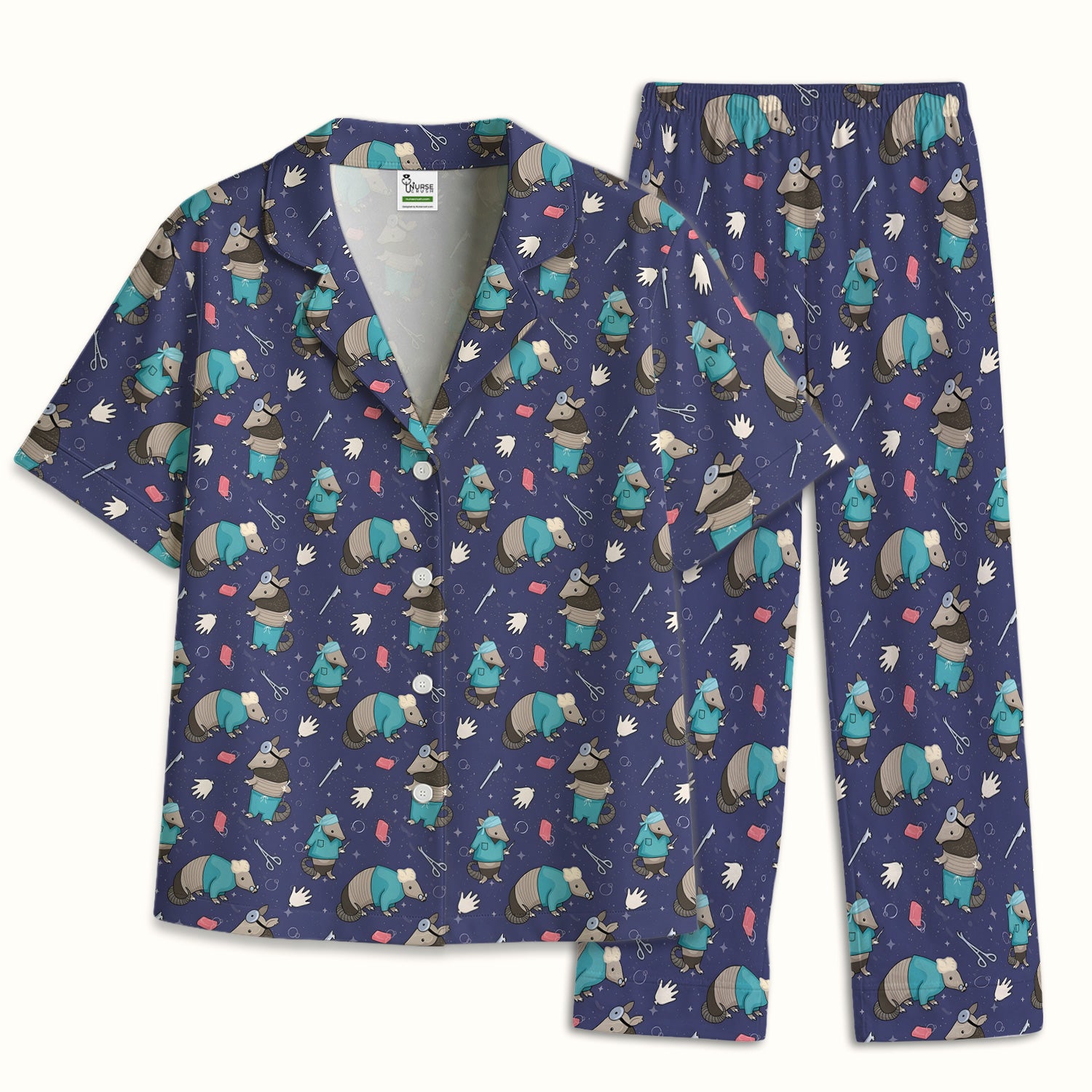 Armadillo Doctor Medical Tools Pattern Pajama Set, Breathable Fabrics Uniform