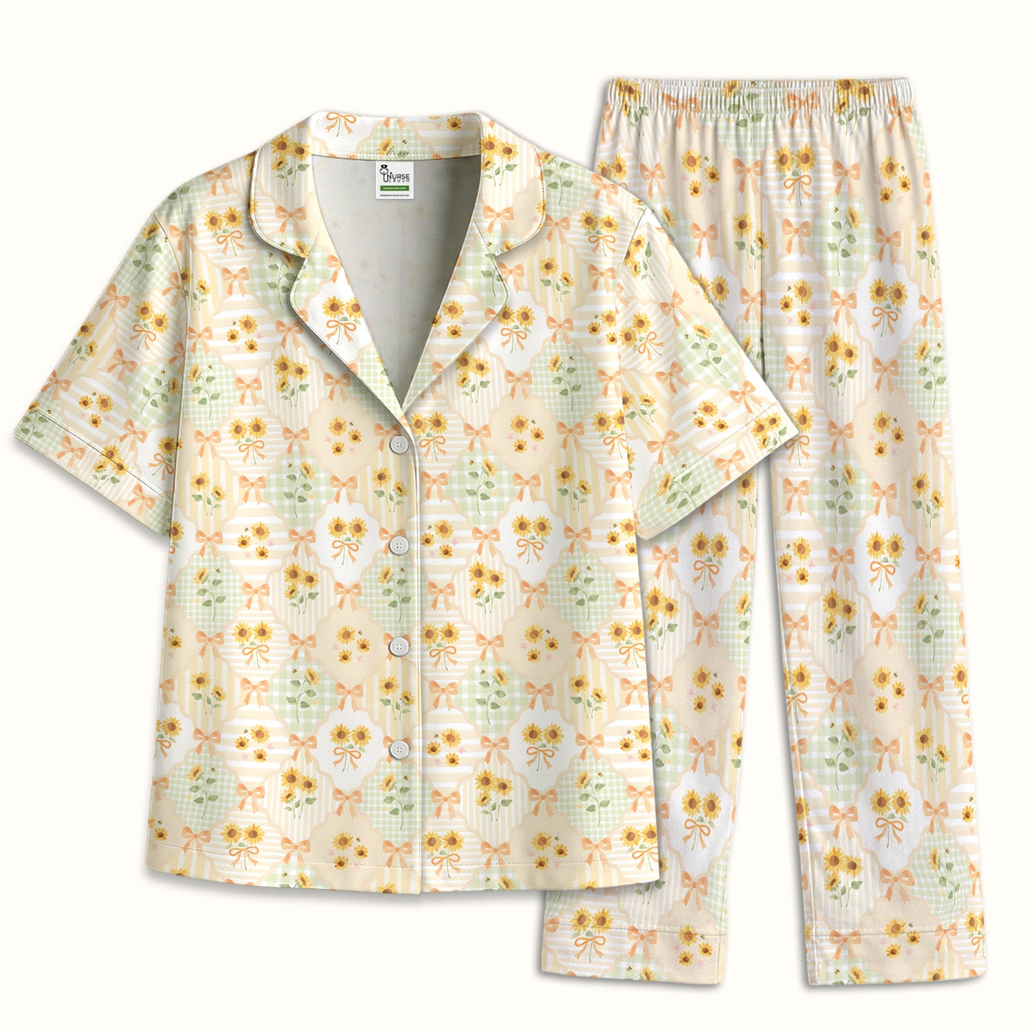 Cute Sunflower Ribbon Patchwork Pattern Pajama Set, Soft Breathable Fabric Comfortable Sleepwear