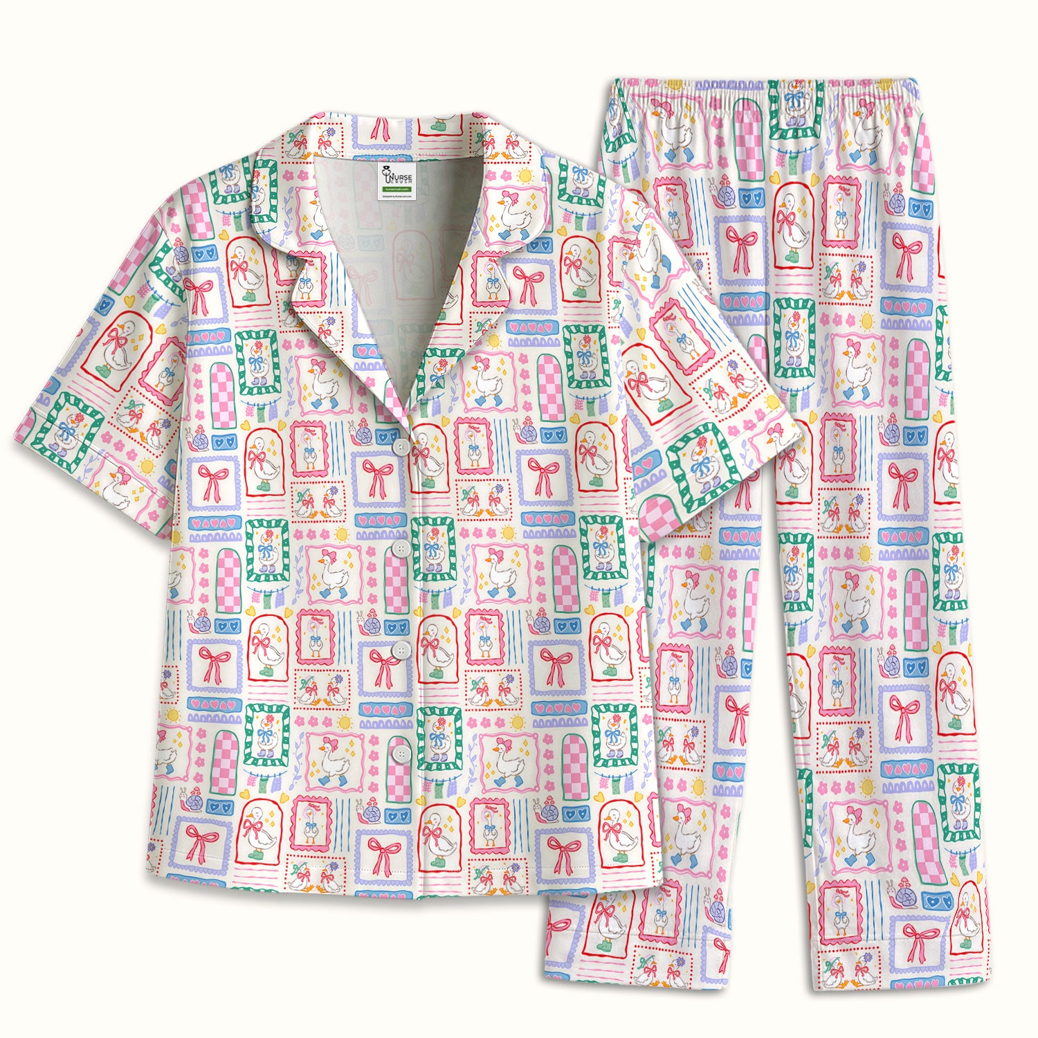 Adorable Nurse Goose Ribbon Patchwork Frame Pattern Pajama Set, Soft Breathable Fabric Comfortable Sleepwear
