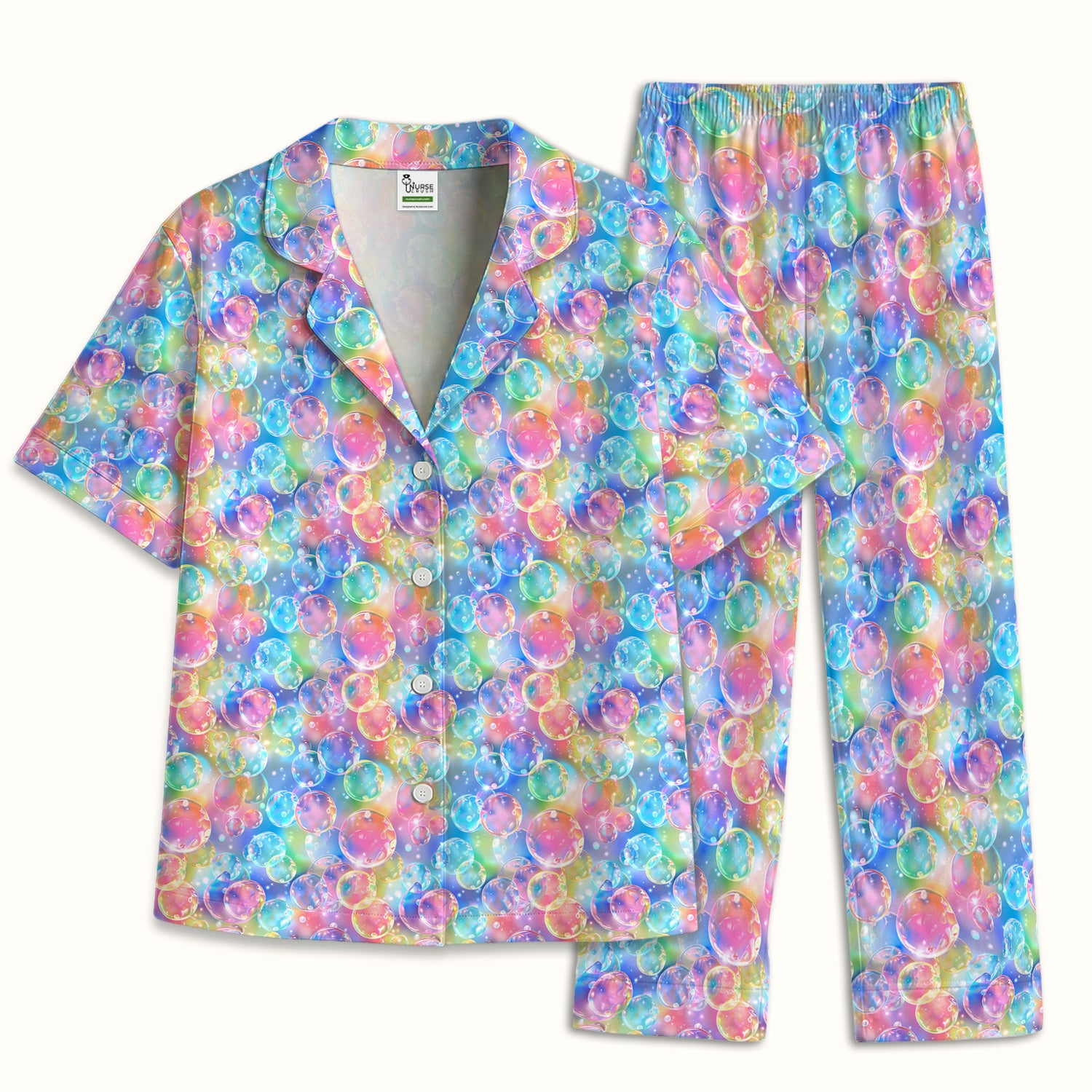 Colorful Floating Soap Bubble Pattern Pajama Set, Breathable Fabrics Uniform