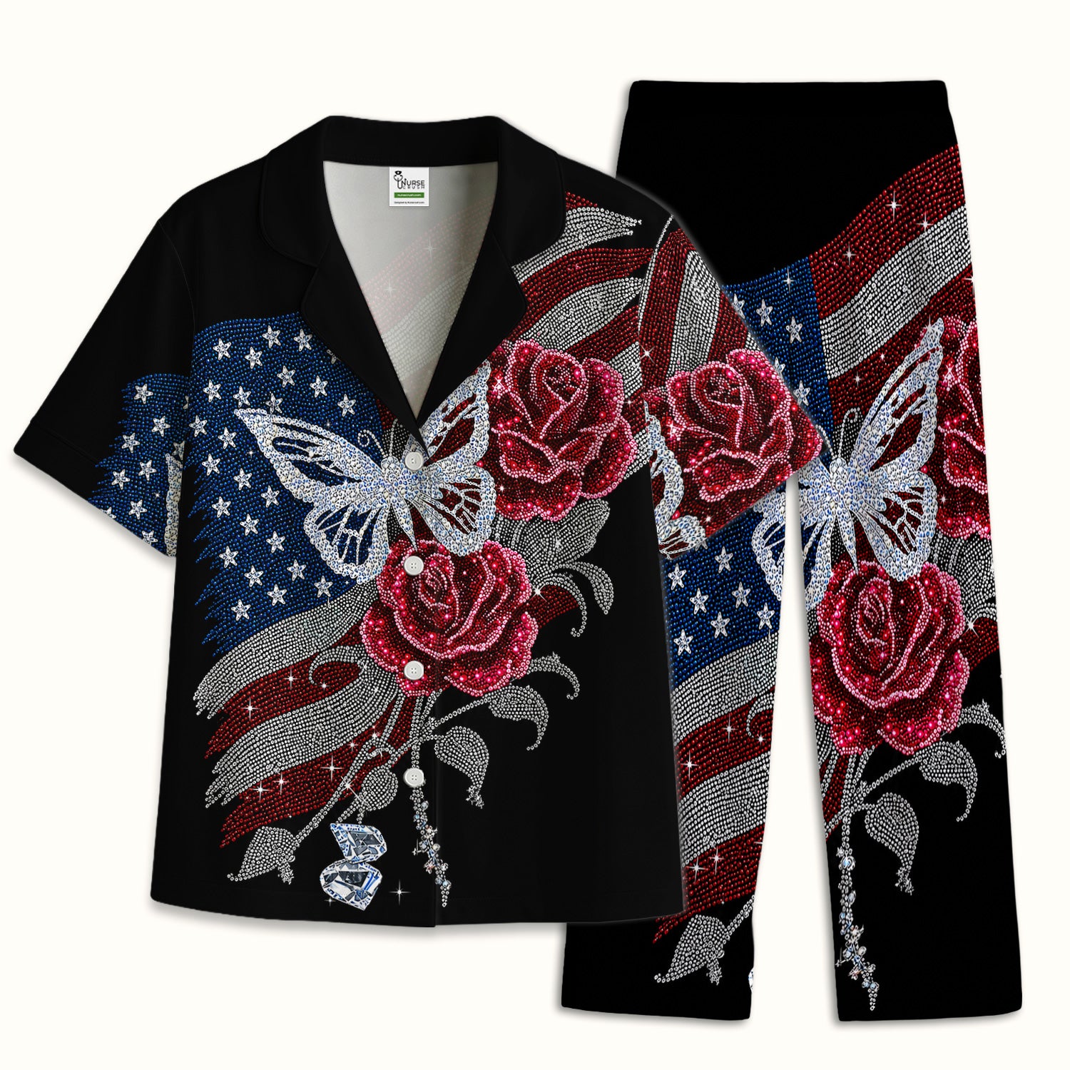 Patriotic Butterfly Rose Flag Print Pajama Set, Soft Breathable Fabric Comfortable Sleepwear