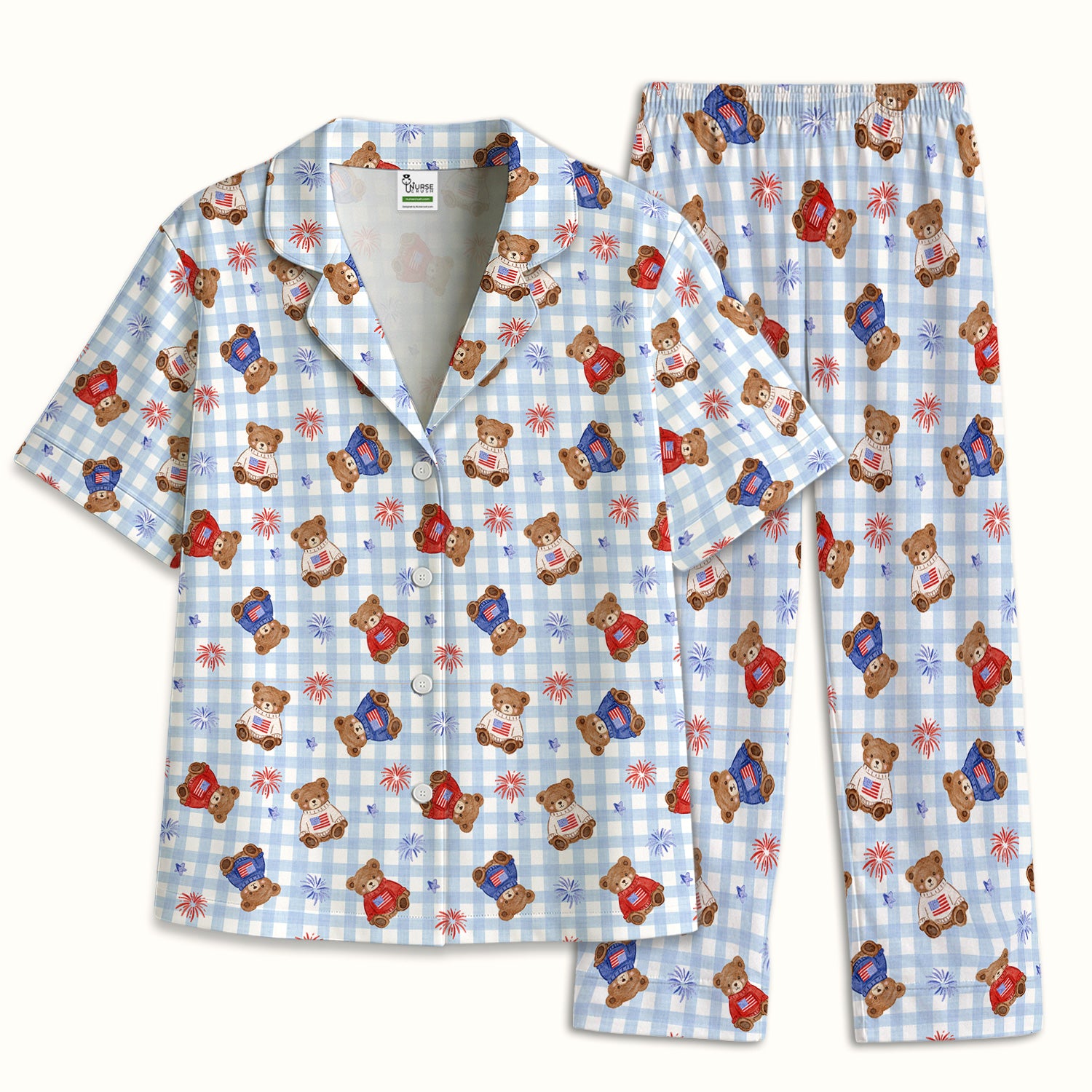 Cute Patriotic Teddy Bear Firework Gingham Pattern Pajama Set, Soft Breathable Fabric Comfortable Sleepwear