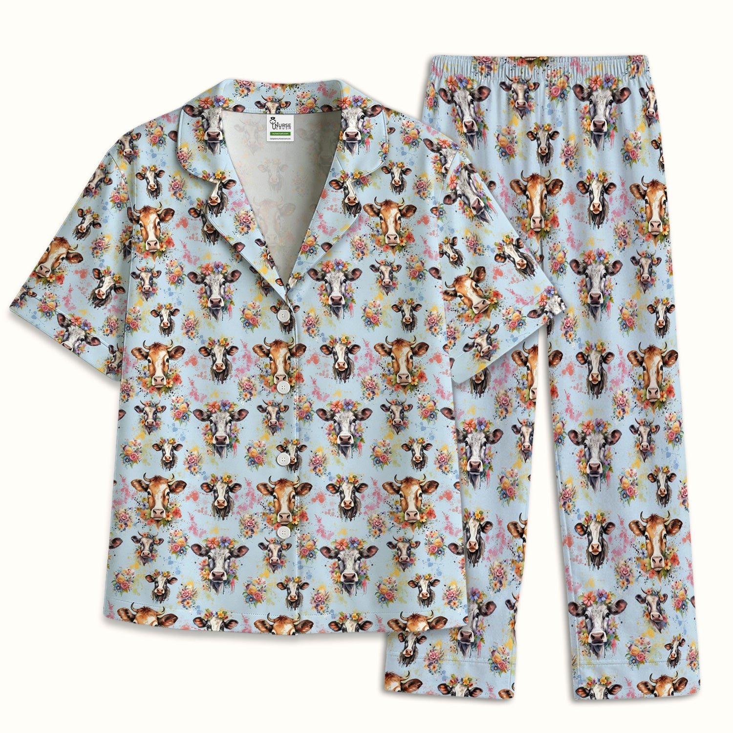 Cute Floral Cow Farm Animal Pattern Pajama Set, Soft Breathable Fabric Comfortable Sleepwear