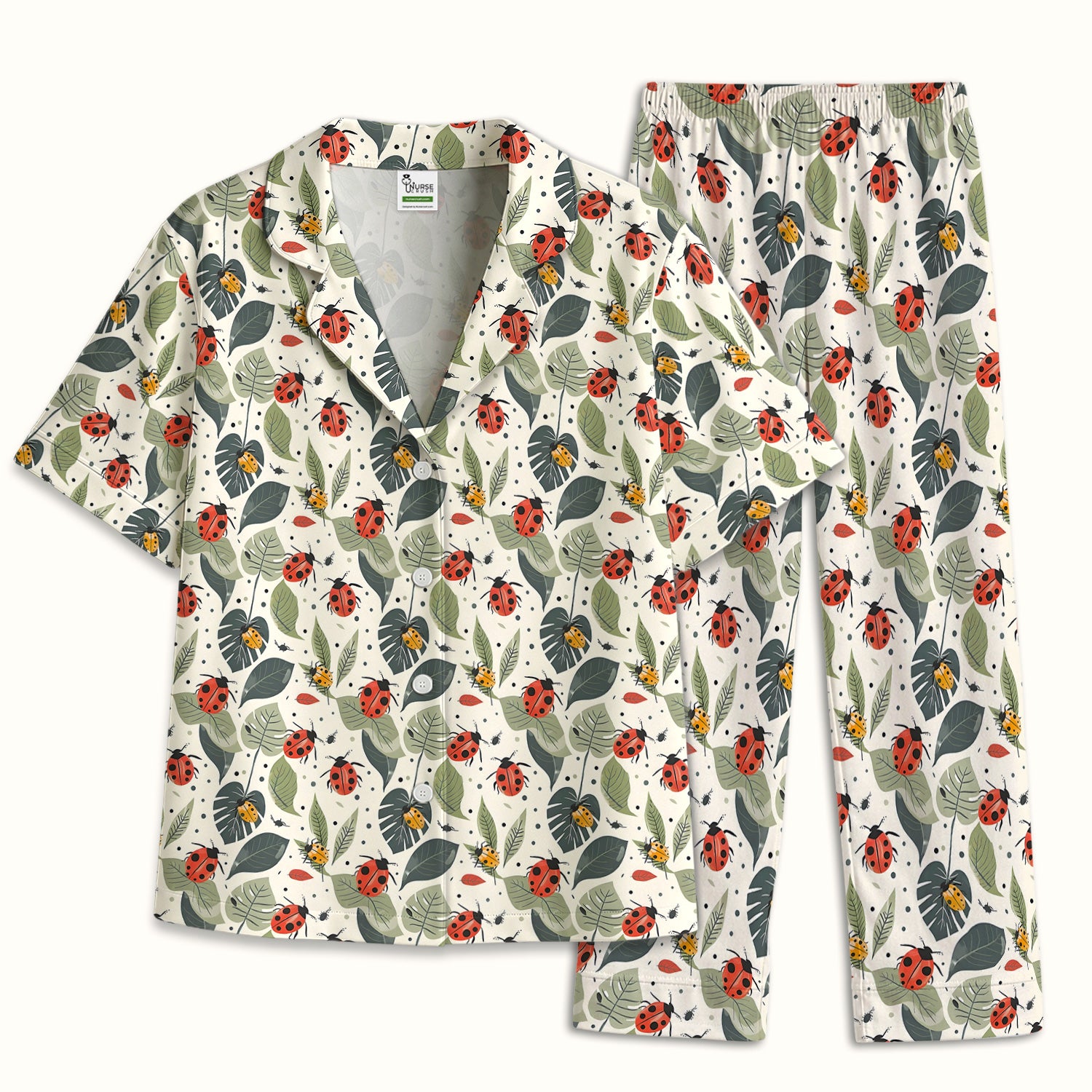 Cute Ladybug Leaf Nature Pattern Pajama Set, Soft Breathable Fabric Comfortable Sleepwear