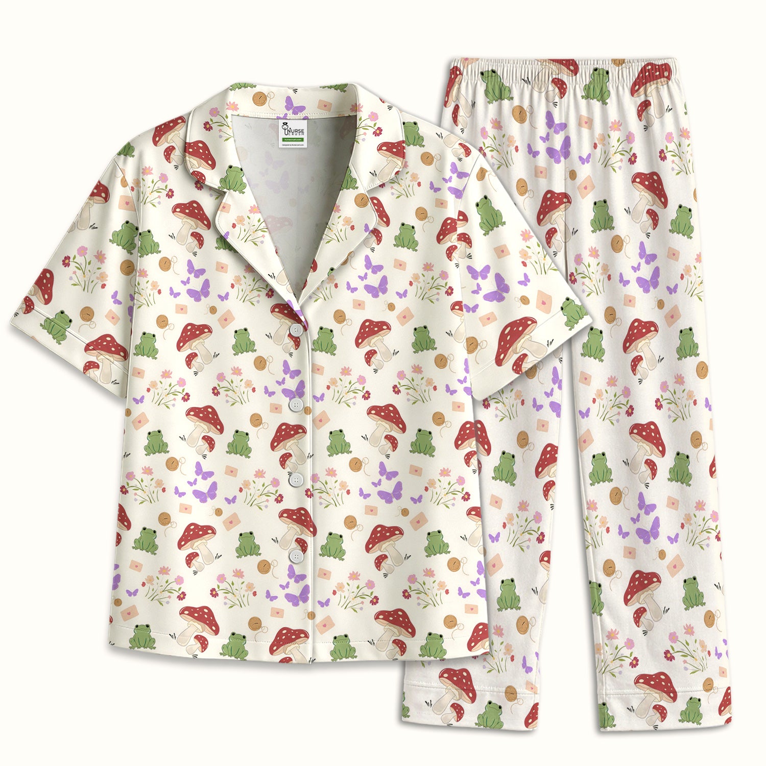Adorable Nurse Frog and Mushroom Garden Print Pajama Set, Soft Breathable Fabric Comfortable Sleepwear