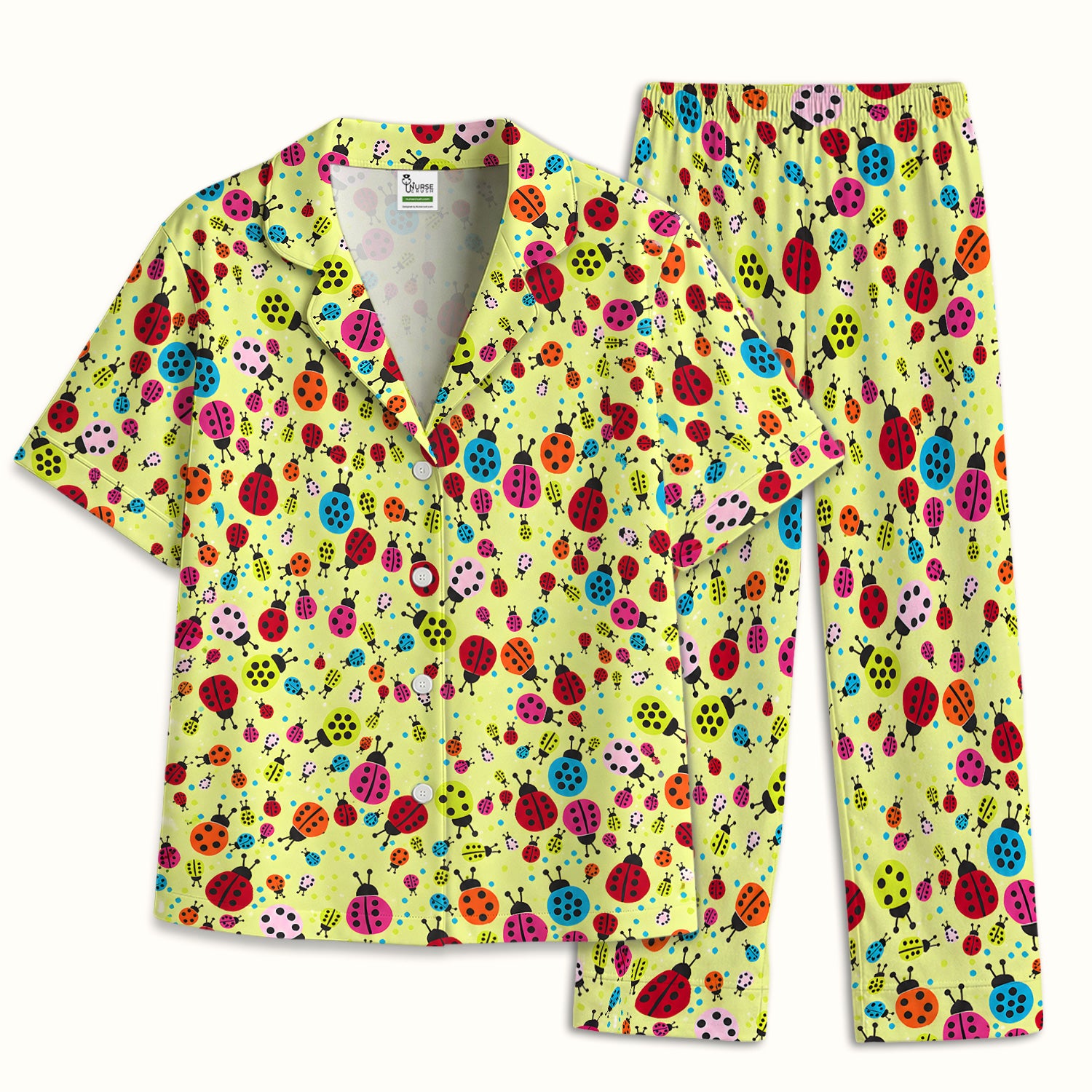 Colorful Ladybug Garden Pattern Pajama Set, Soft Breathable Fabric Comfortable Sleepwear