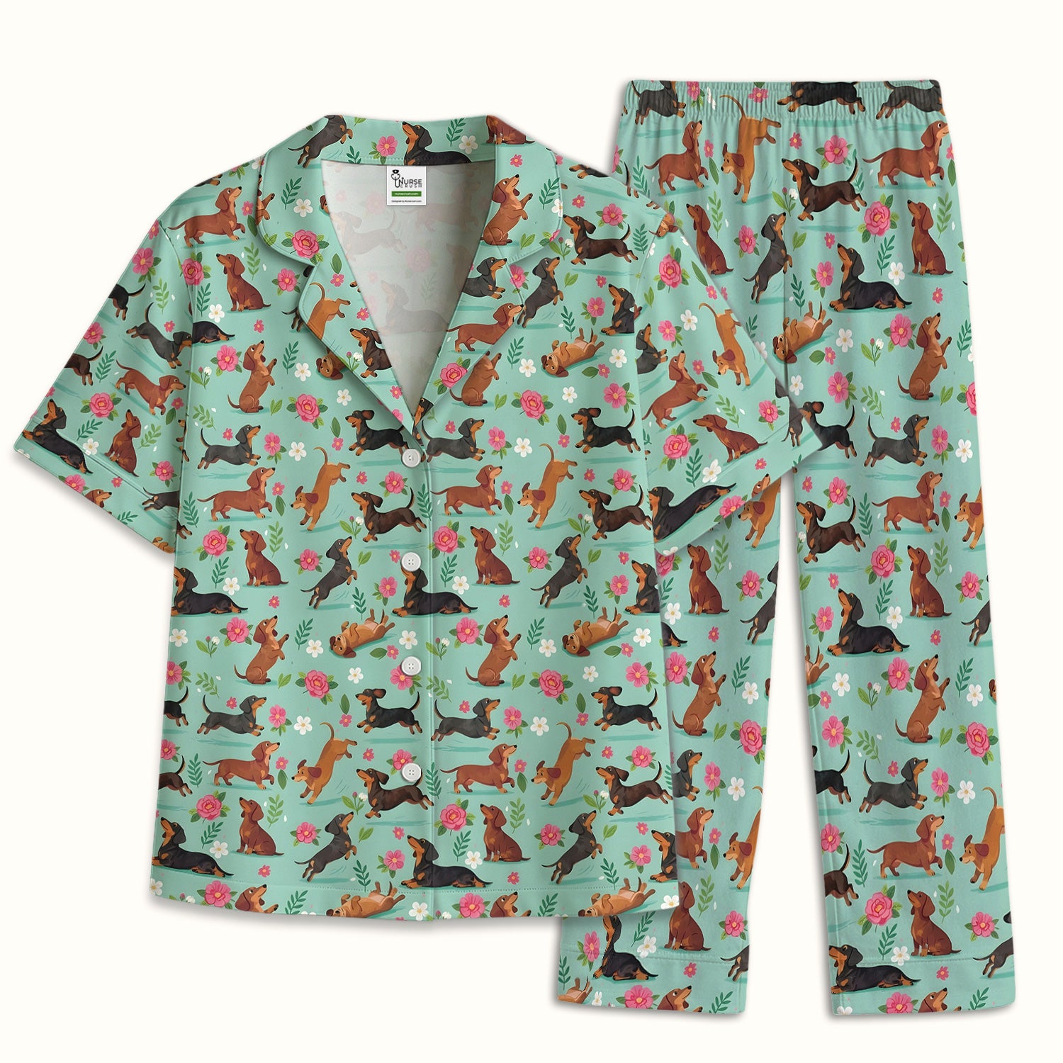 Cute Floral Dachshund Puppy Pattern Pajama Set, Soft Breathable Fabric Comfortable Sleepwear
