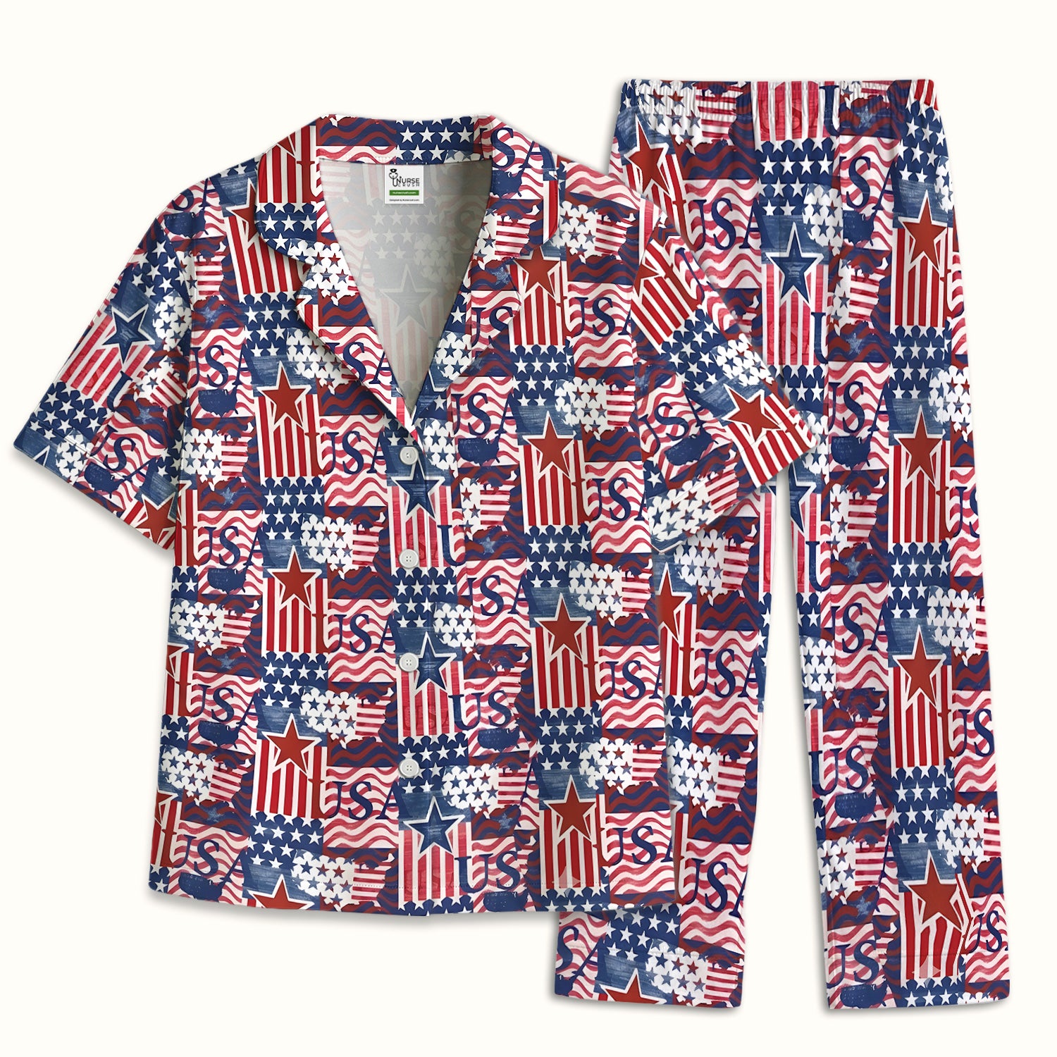 Patriotic USA Star Patchwork Pattern Pajama Set, Soft Breathable Fabric Comfortable Sleepwear