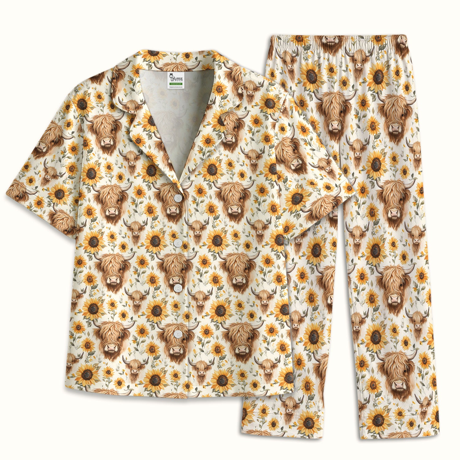 Highland Cow Sunflower Pajama Set, Breathable Fabrics Uniform