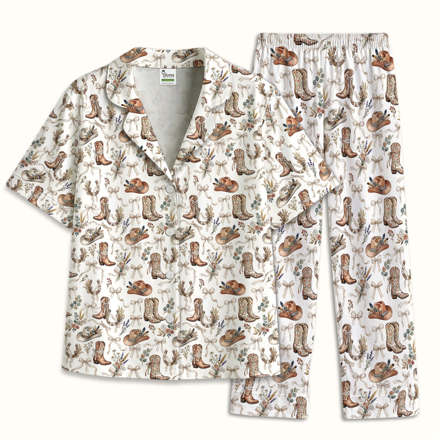 Western Cowboy Boots Hat Floral Pattern Pajama Set, Soft Breathable Fabric Comfortable Sleepwear