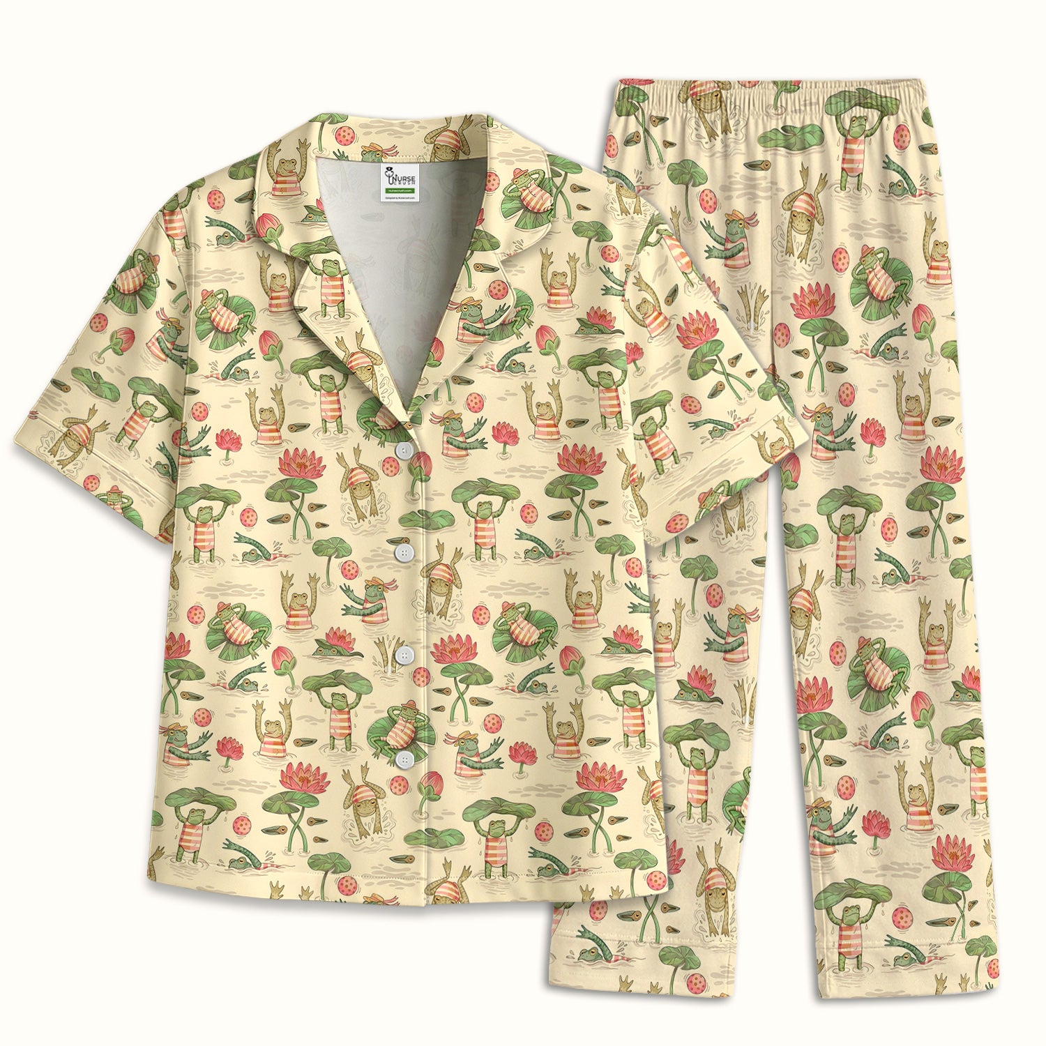 Cute Frogs Swimming Lily Pond Pattern Pajama Set, Soft Breathable Fabric Comfortable Sleepwear