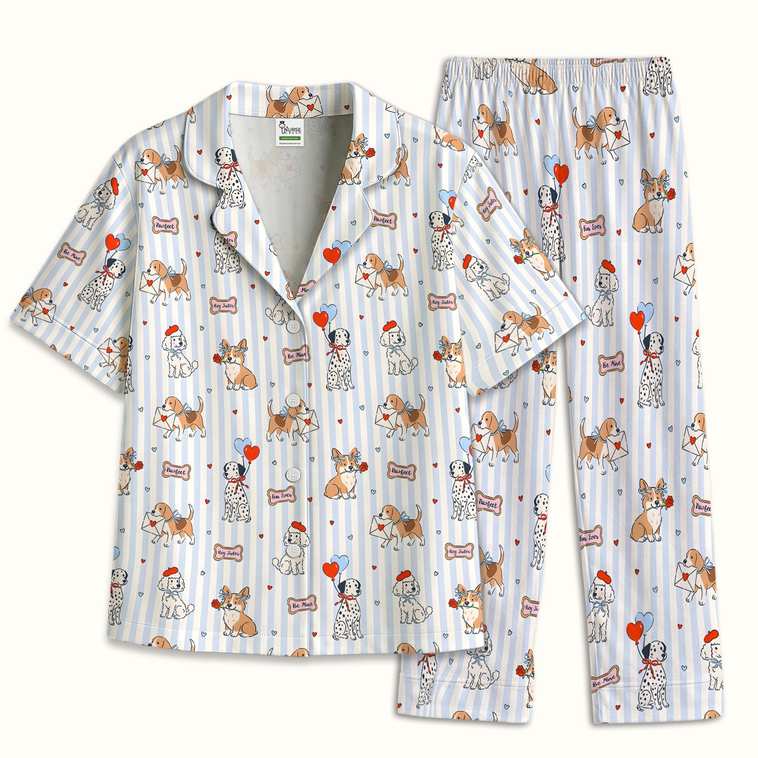 Valentine Puppy Heart Pattern Pajama Set, Soft Breathable Fabric Comfortable Sleepwear
