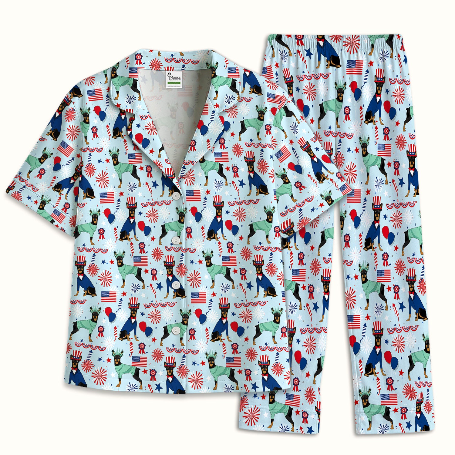 Patriotic Doberman Liberty Fireworks Pattern Pajama Set, Soft Breathable Fabric Comfortable Sleepwear