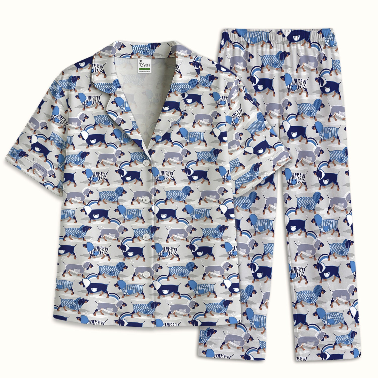 Cute Dachshund Raincoat Parade Pattern Pajama Set, Soft Breathable Fabric Comfortable Sleepwear