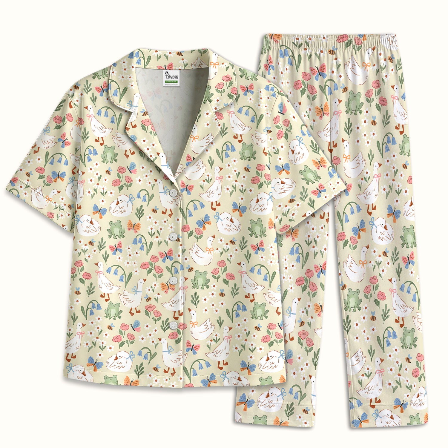 Cute Goose & Frog Garden Print Pajama Set, Soft Breathable Fabric Comfortable Sleepwear