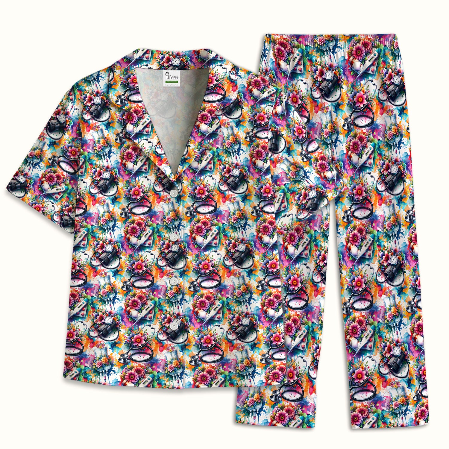 Colorful Medical Tools Floral Pattern Pajama Set, Soft Breathable Fabric Comfortable Sleepwear