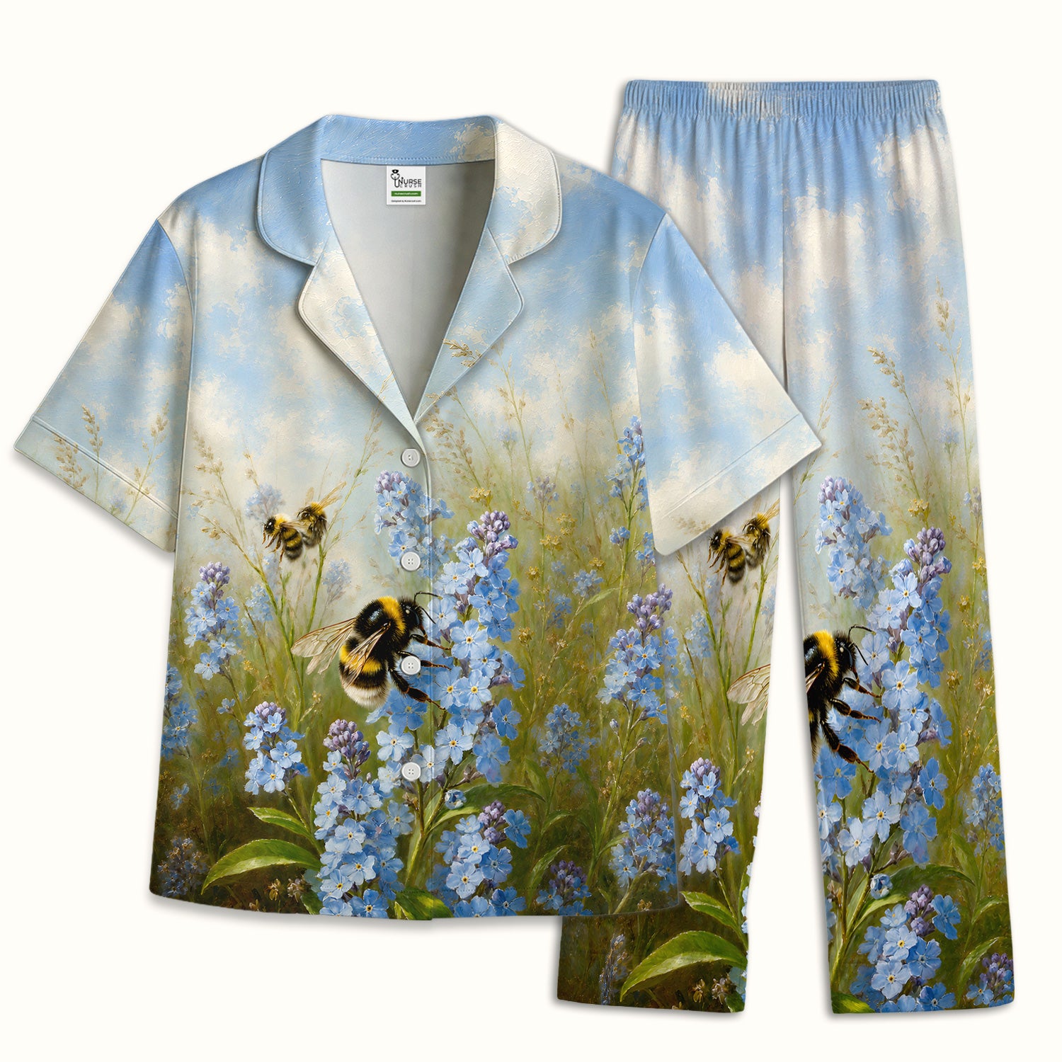 Whimsical Bumblebee Blue Blossom Pattern Pajama Set, Soft Breathable Fabric Comfortable Sleepwear