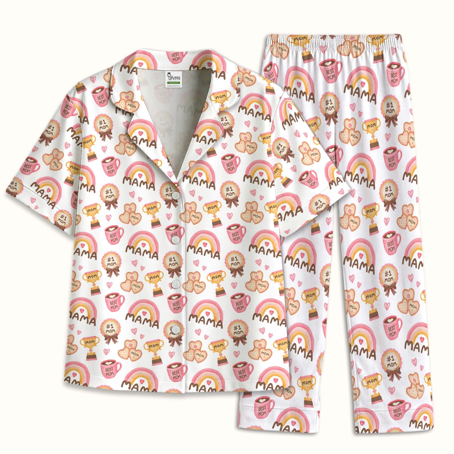 Sweet Nurse Mama Rainbow Trophy Heart Pattern Pajama Set, Soft Breathable Fabric Comfortable Sleepwear