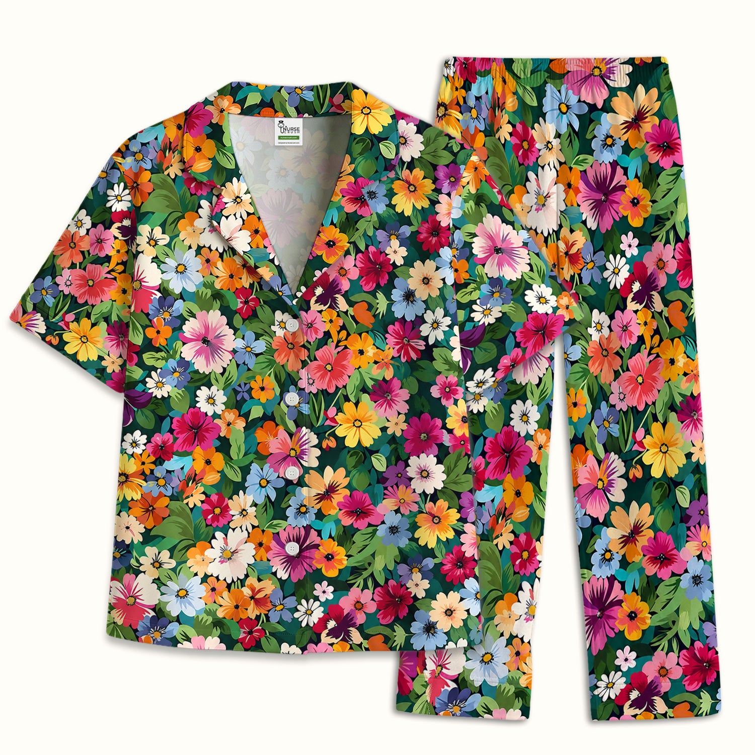 Colorful Wildflower Garden Pattern Pajama Set, Soft Breathable Fabric Comfortable Sleepwear
